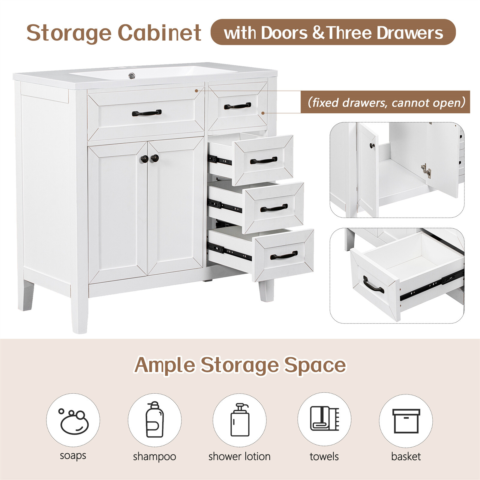 36″ Bathroom Vanity with Sink Combo Solid Wood Bathroom Cabinet Set with Drawers