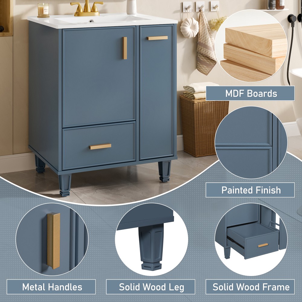 24″ Grey Blue Bathroom Vanity with Ceramic Sink Solid Wood Frame MDF Board
