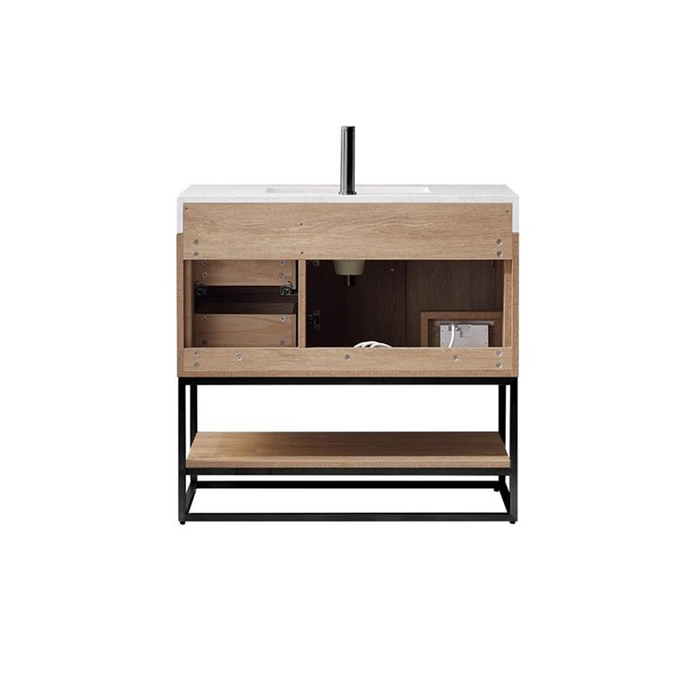 Pemberly Row 36″ White Stone Top Oak Single Vanity Black Frame w/o Mirror