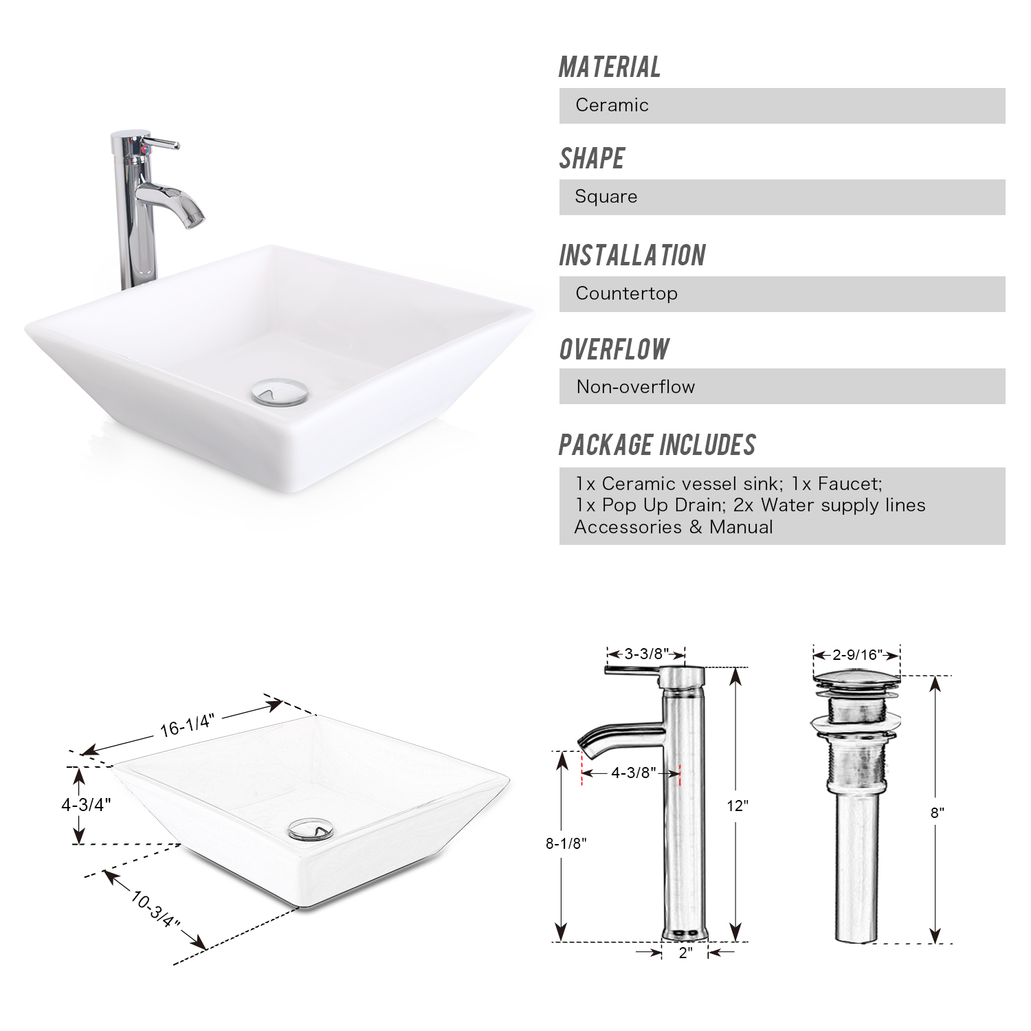 24″ Bathroom Vanity Set Black W/mirror & White Ceramic Sink Faucet Drain Combo