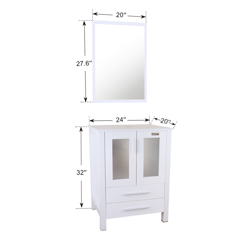 24″ White Bathroom Vanity Cabinet Single Wood & Ceramic Vessel Sink Top Modern