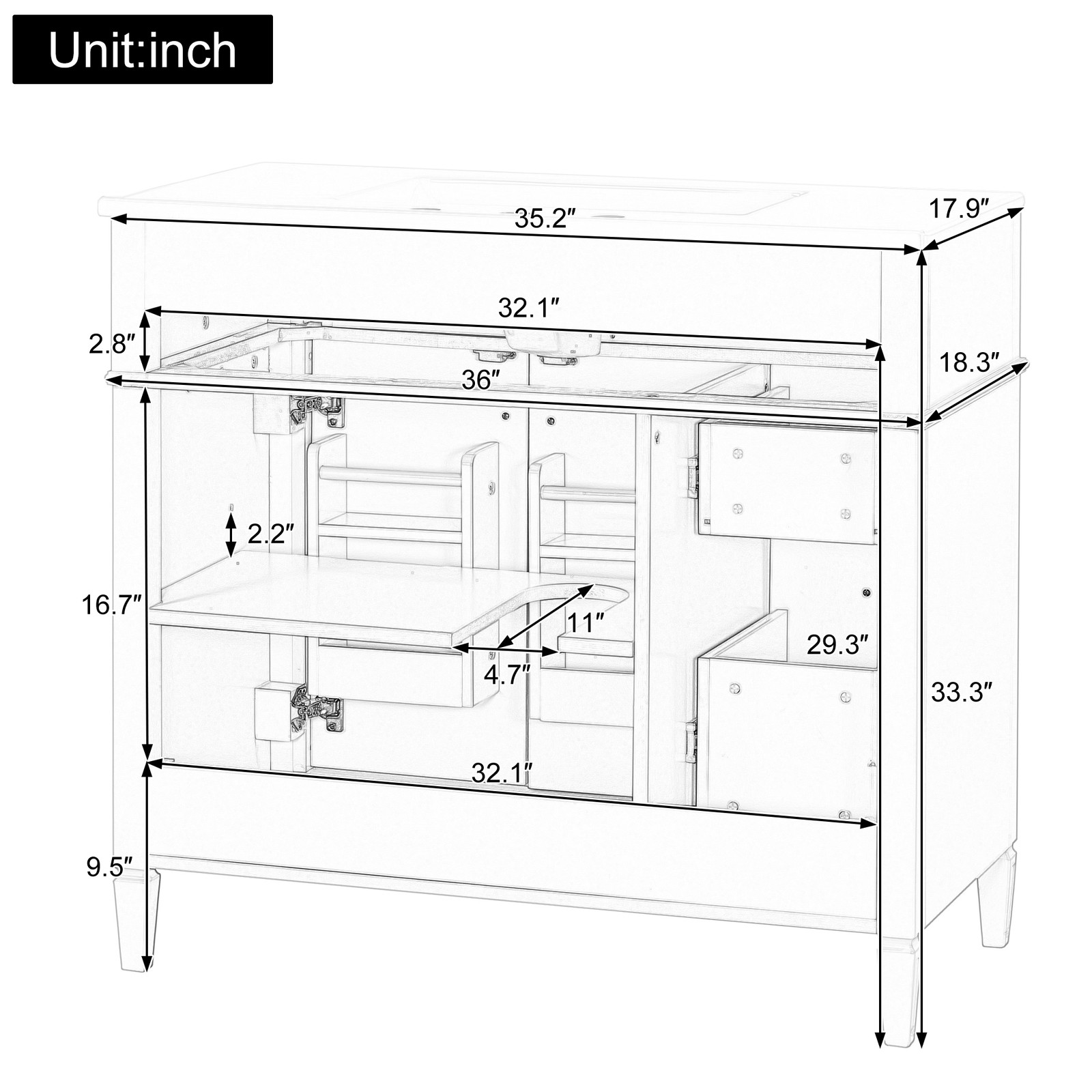 36 Inch Bathroom Vanity with Sink, Green Solid Wood Cabinet, Gold Handles