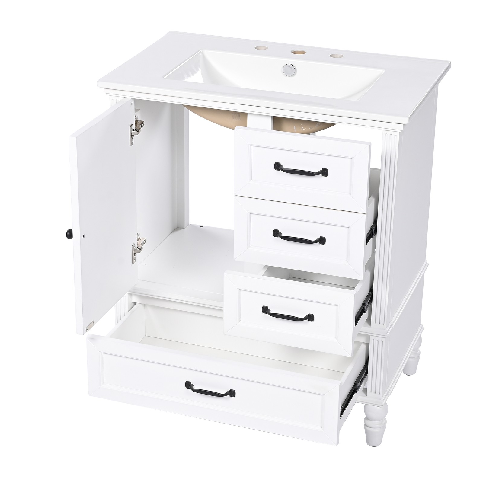 30″ Bathroom Vanity with Sink, Bathroom Cabinet with A Door, Three Drawers White