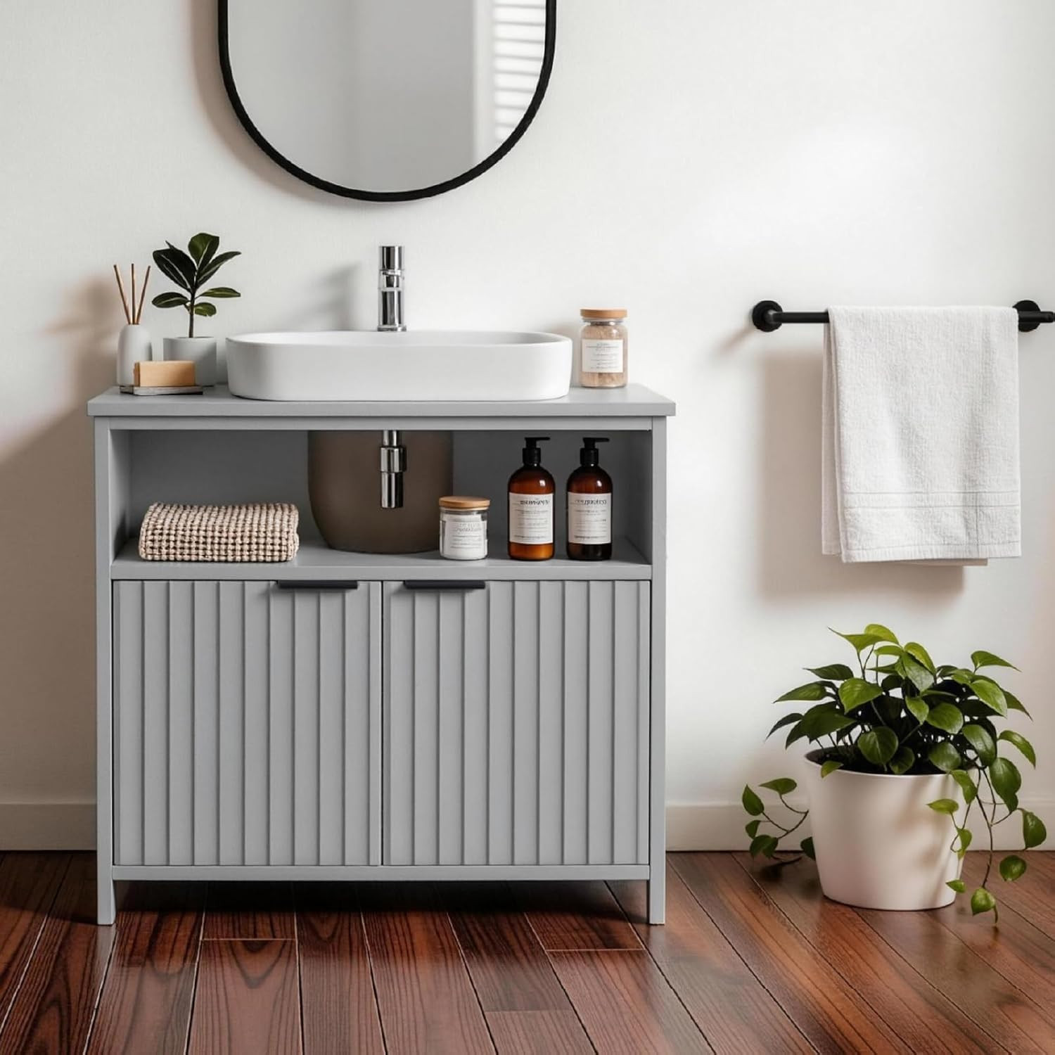 Grey under Sink Bathroom Cabinet, Freestanding Pedestal Sink Storage Vanity Base