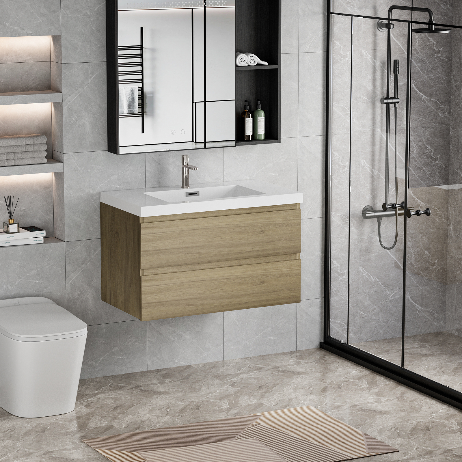 36″ Floating Wall-Mounted Bathroom Vanity with Resin Sink Top Basin 2Drawers Oak