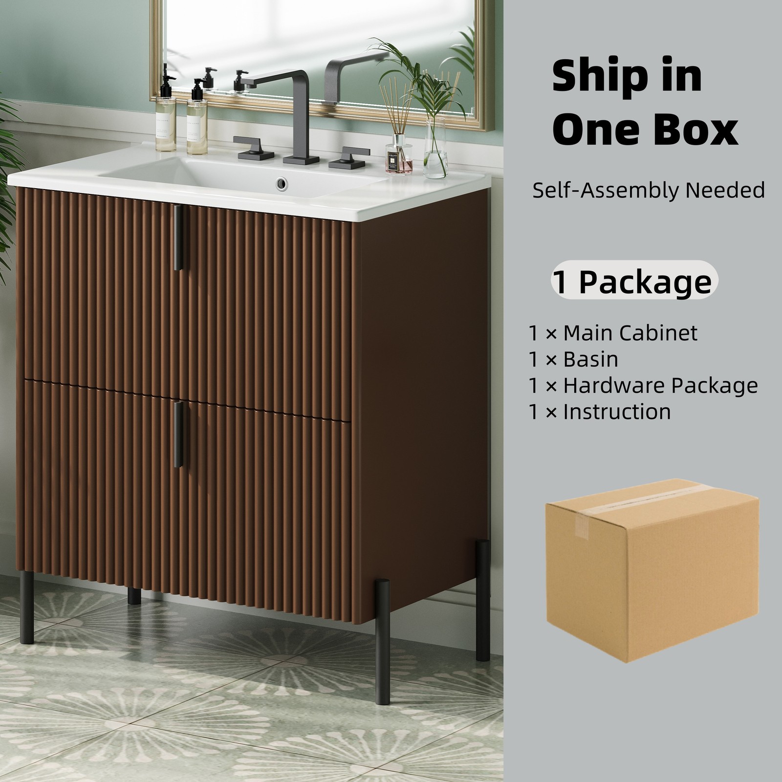 30″ Bathroom Vanity with Ceramic Sink Freestanding Bathroom Vanity w/2 Drawers