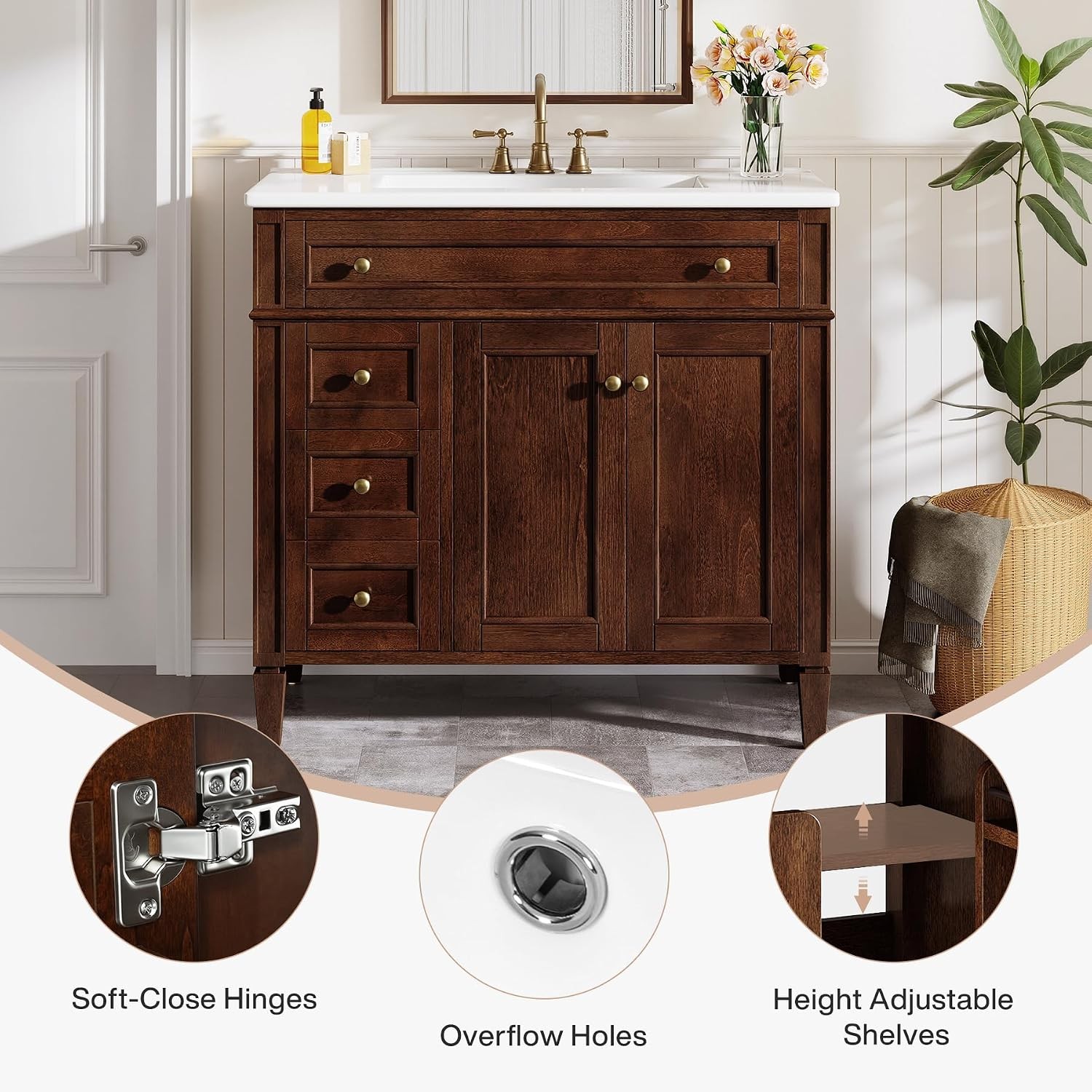 36 inch Bathroom Vanity With Sink Wood Bathroom Cabinet with 4 Drawers & 2 Doors