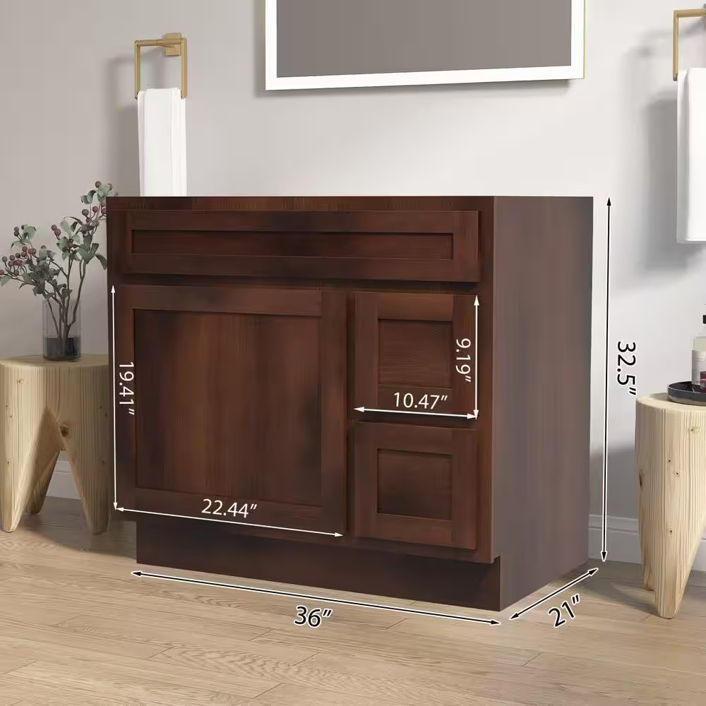 36 In. W X 21 In. D X 32.5 In. H 2-Right Drawers Bath Vanity Cabinet Only in Bro