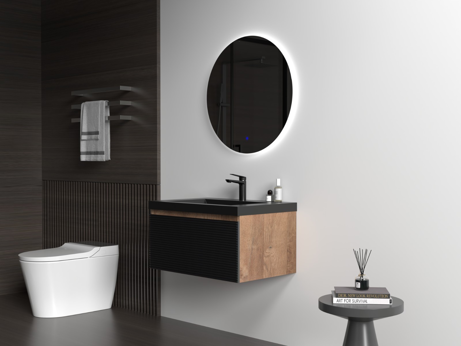 30” Bathroom vanity set floating vanity oak and black quartz sands basin top