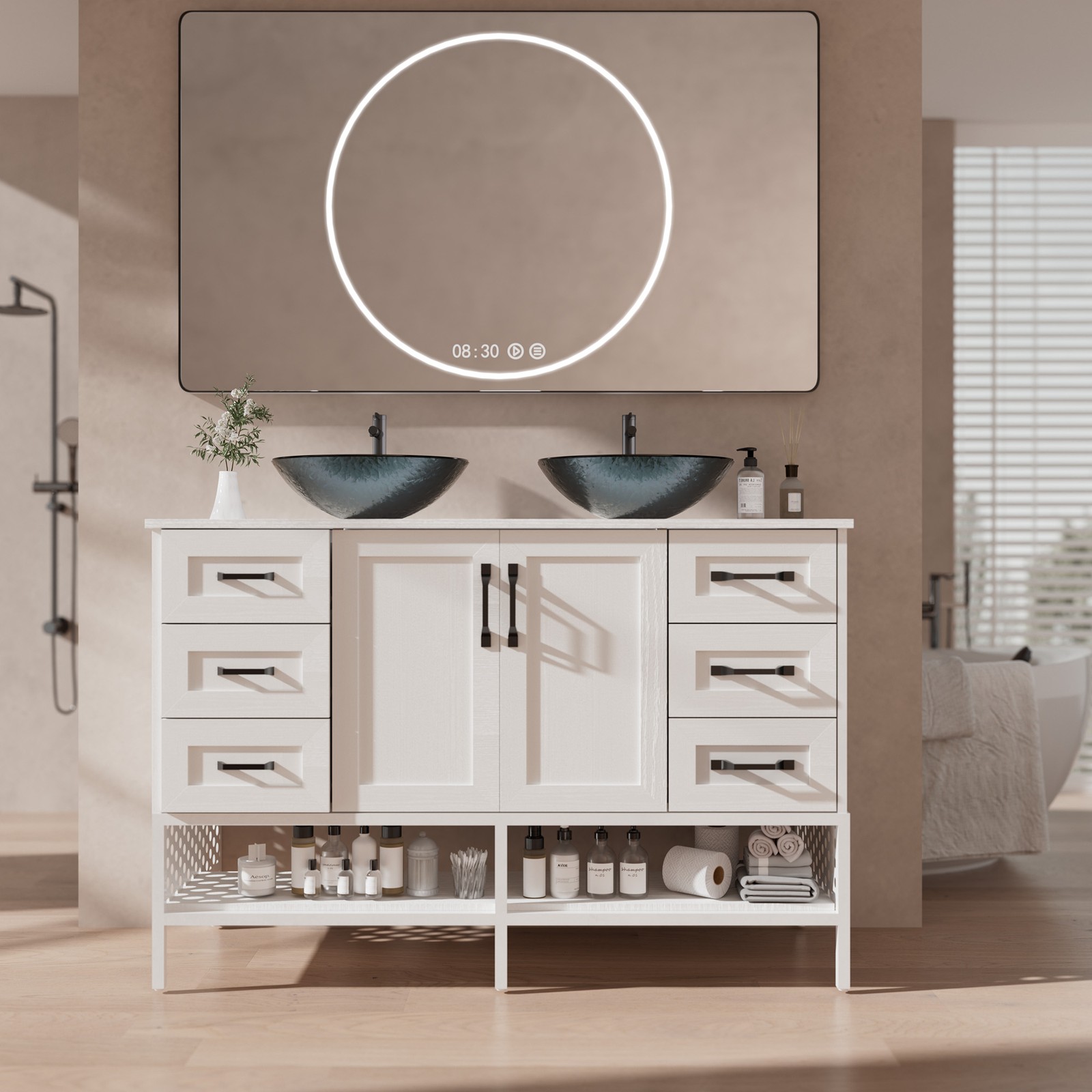 48″ Bathroom Vanity with Tempered Glass Sink Open Shelves and 6 Storage Drawers