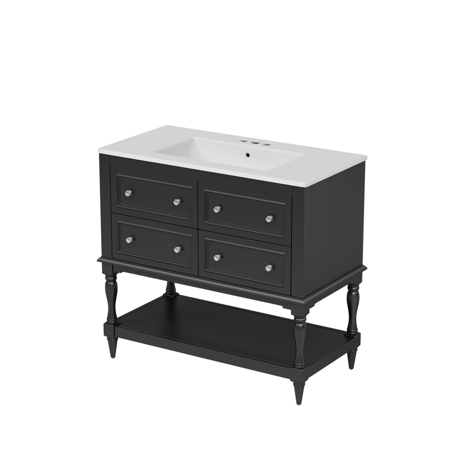 Elegant Black 36” Bathroom Vanity Cabinet with Pre-Drilled Sink, MDF Frame &