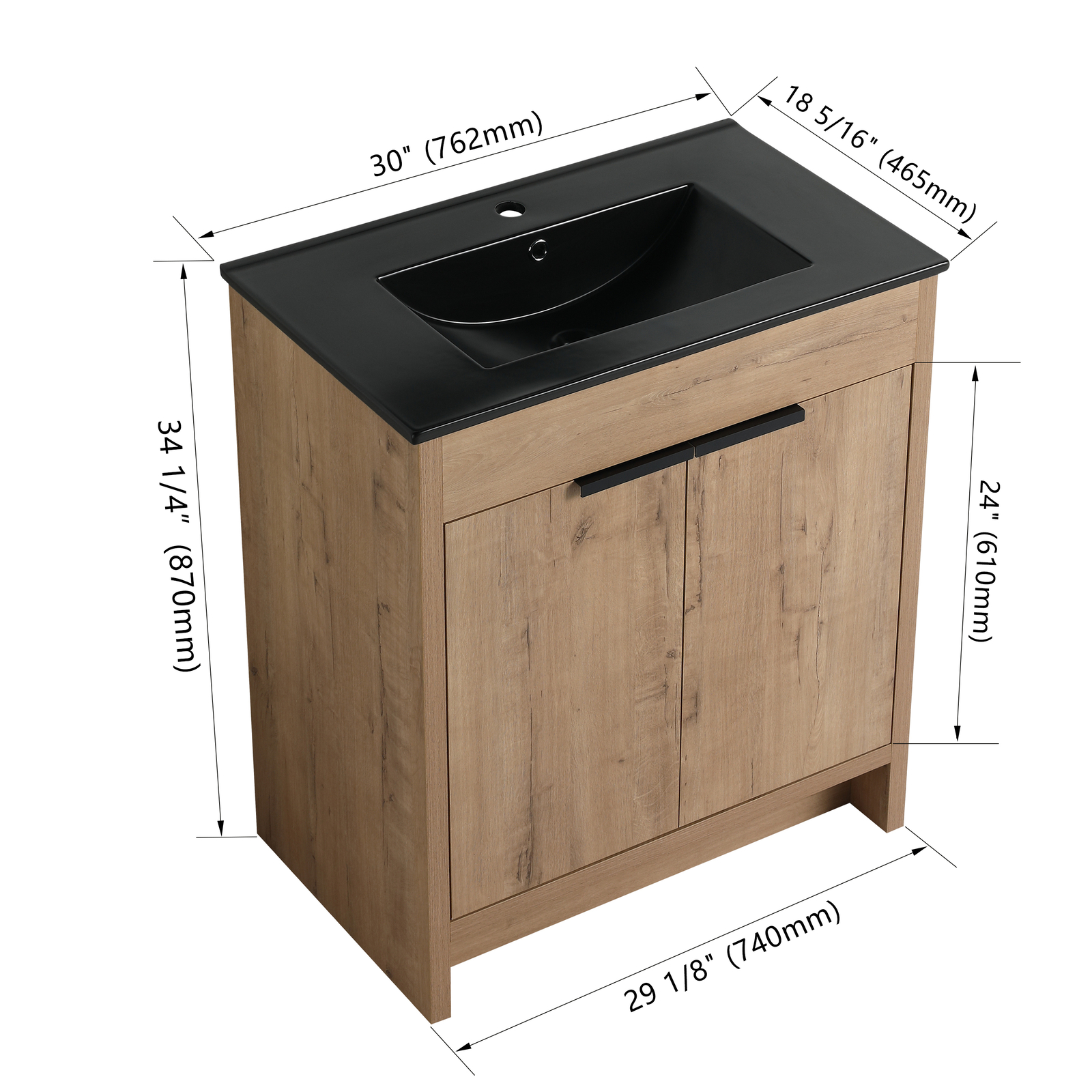 30″ Plywood Freestanding Bathroom Vanity Cabinet W/ Black Sink Soft-Close Door