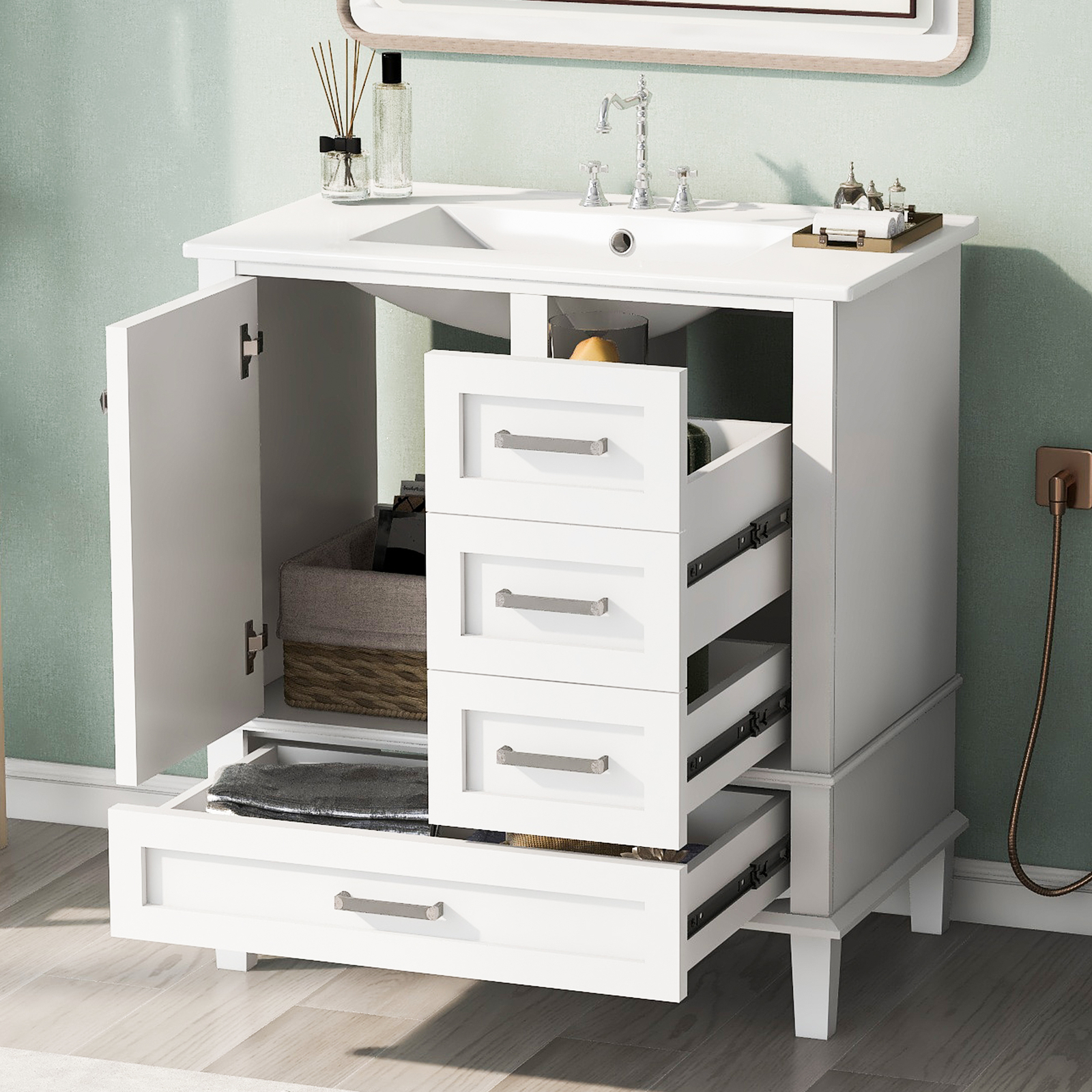30″ Solid Wood Bathroom Vanity Cabinet with Resin Sink Top, 1 Door and 3 Drawers