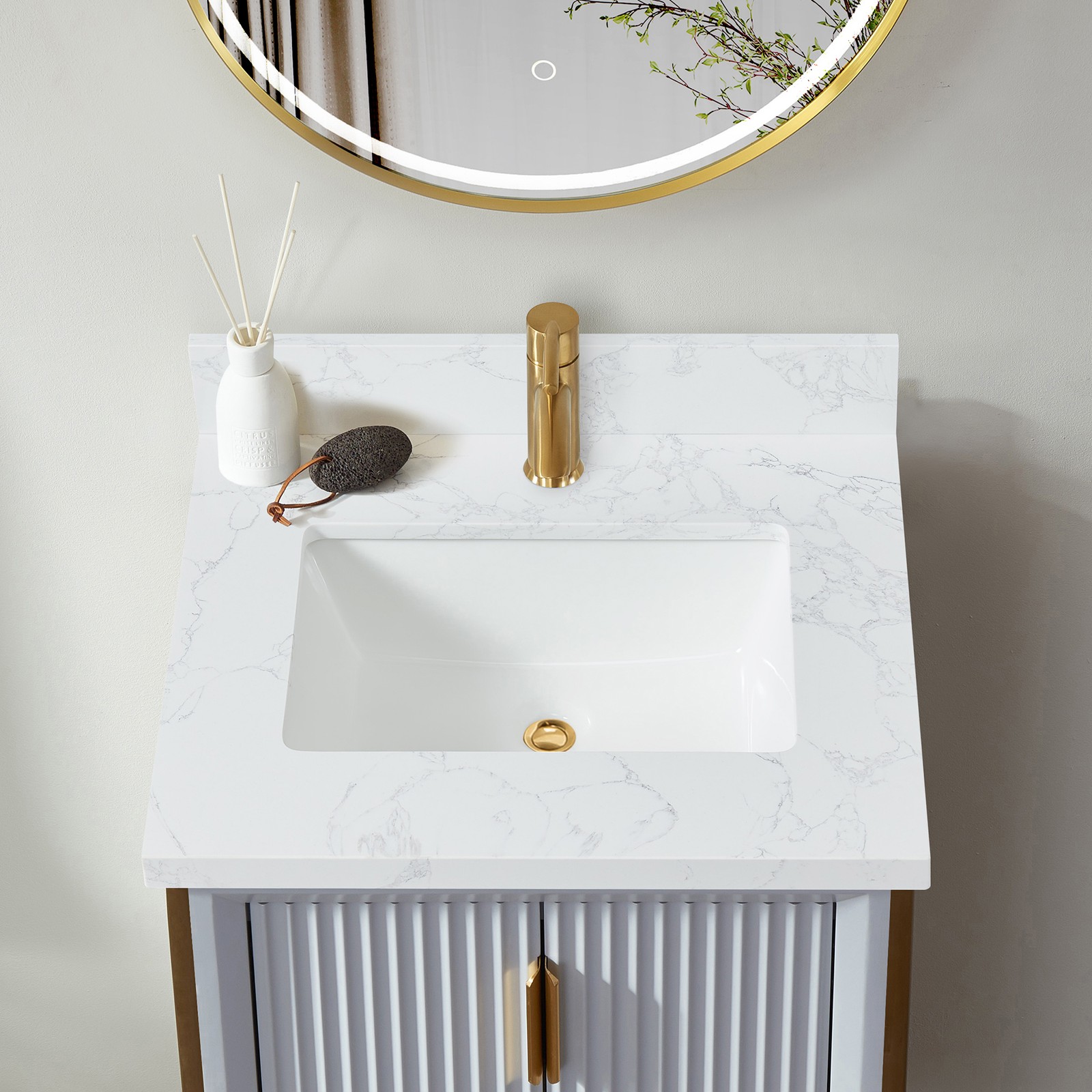 Malaga 25″W x 22″D Composite Stone Vanity Top in Grain White with Ceramic Sink