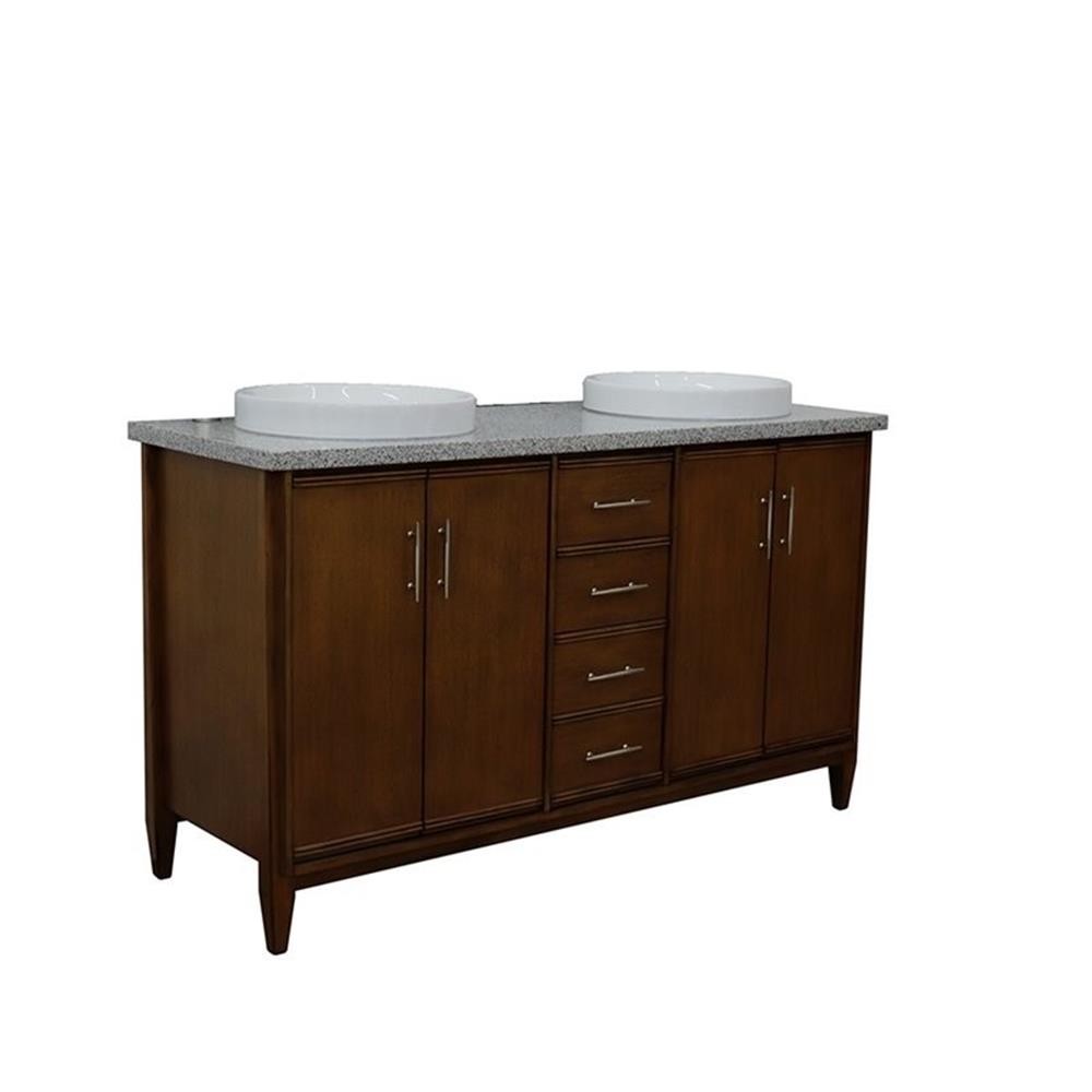 Pemberly Row 61″ Double Round Sink Vanity with Gray Granite Stone in Walnut