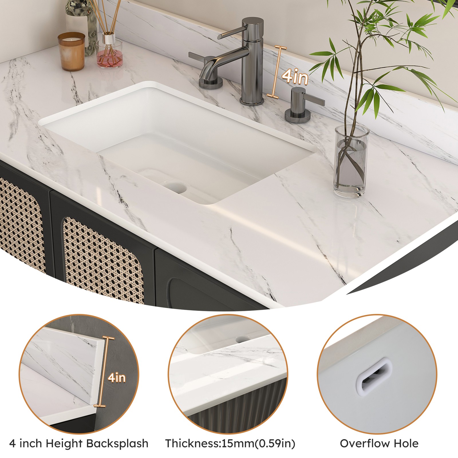43″ Marble Vanity Top White with 3 Faucet Holes Undermount Sink 4″ Backsplash