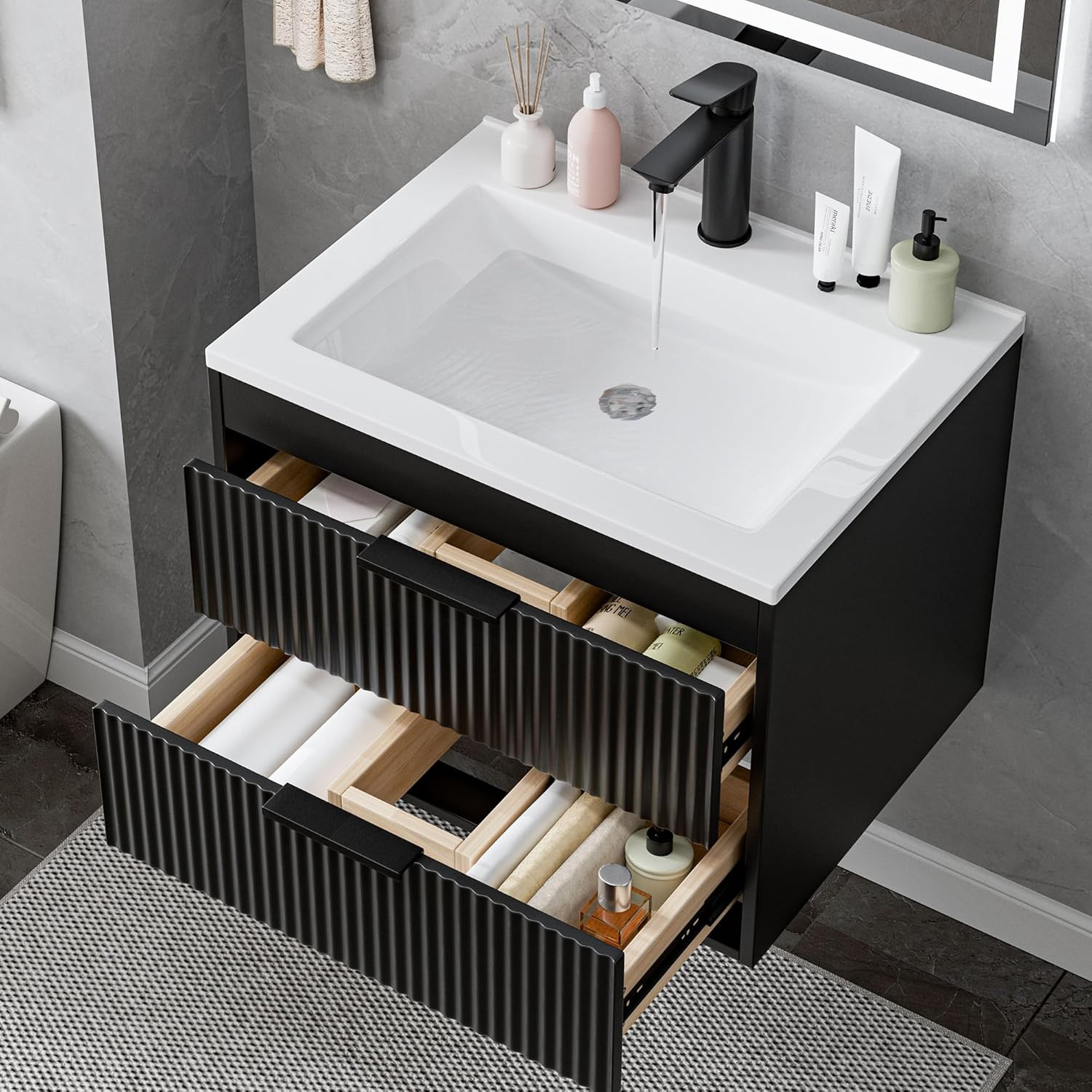 24 Inches Modern MDF Bathroom Vanity with Sink, Wall Mounted Floating Cabinets W