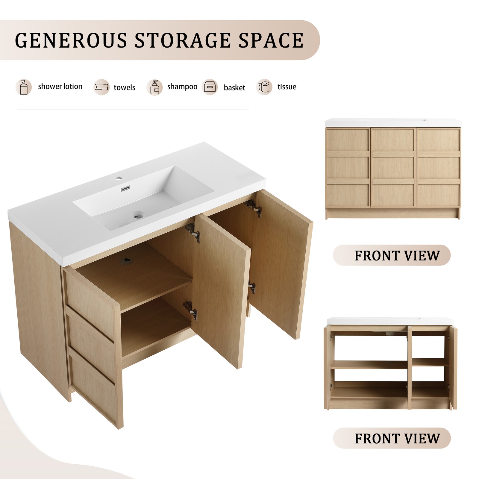 48 Inch Plywood Freestanding Bathroom Vanity Cabinet 3 Doors With Resin Sink Oak