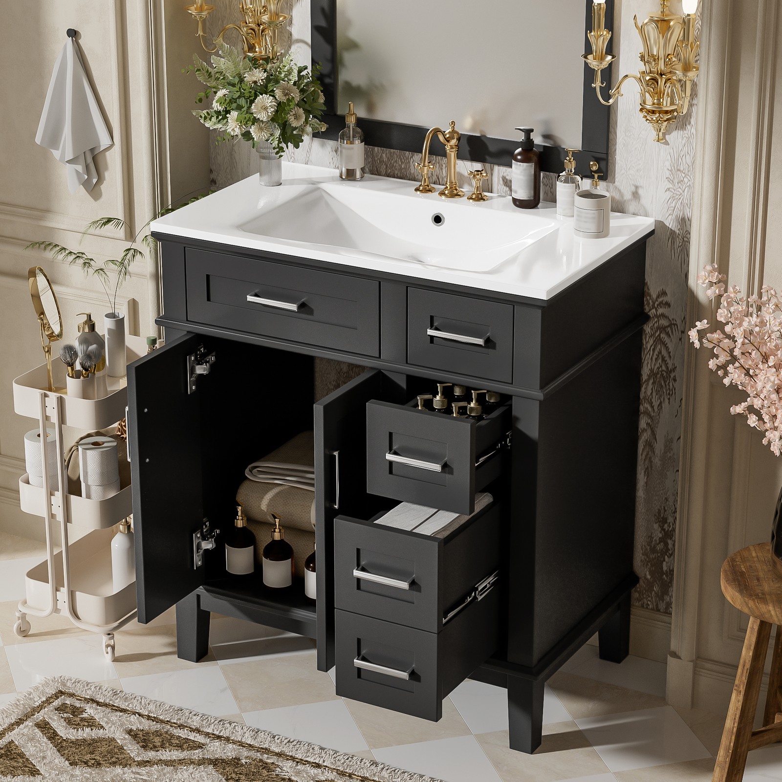30″ Bathroom Vanity with Ceramic Sink, Soft-Close Doors & Drawers