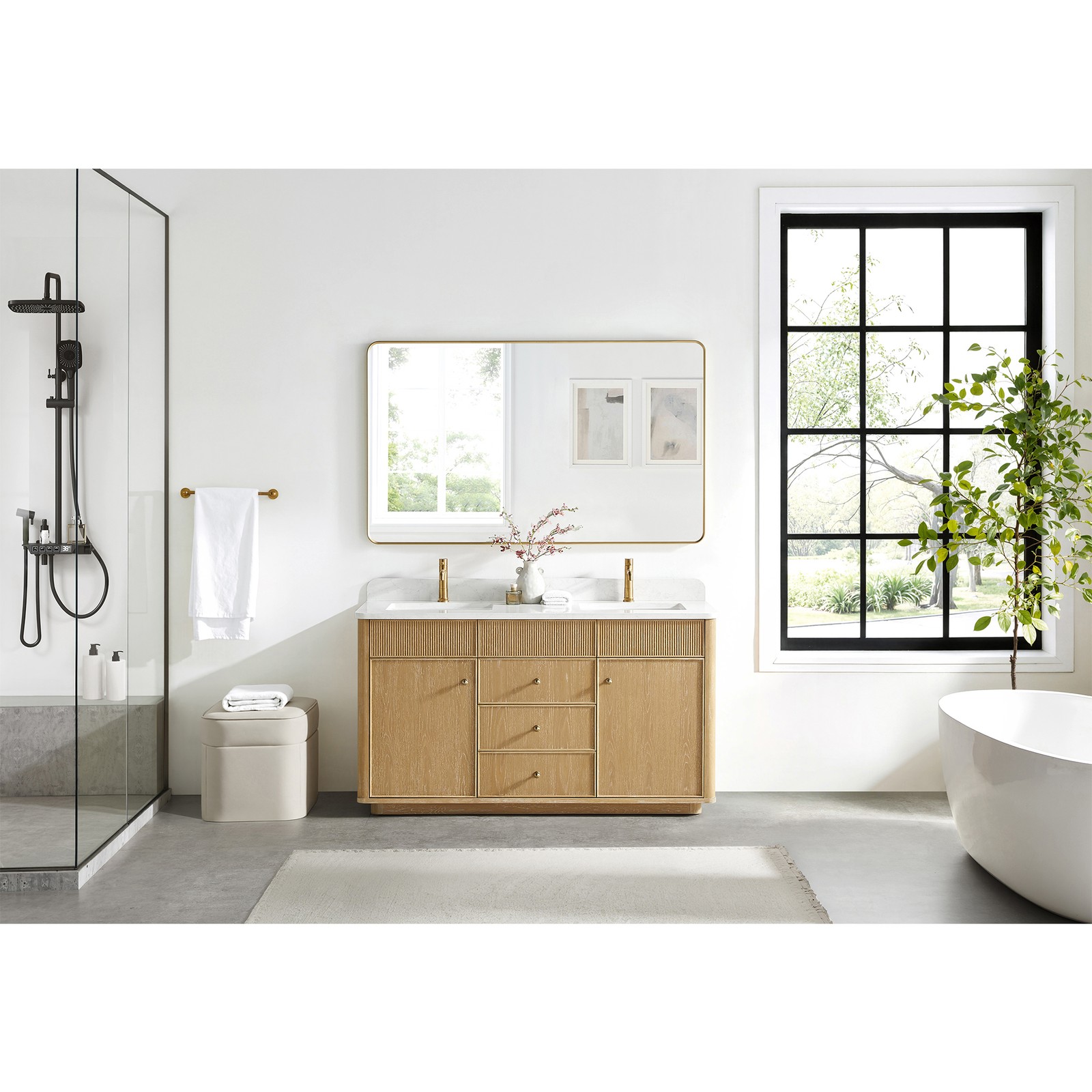 Zogno 60″ Solid Wood Double Bath Vanity in Washed Ash Gray with White Stone Top