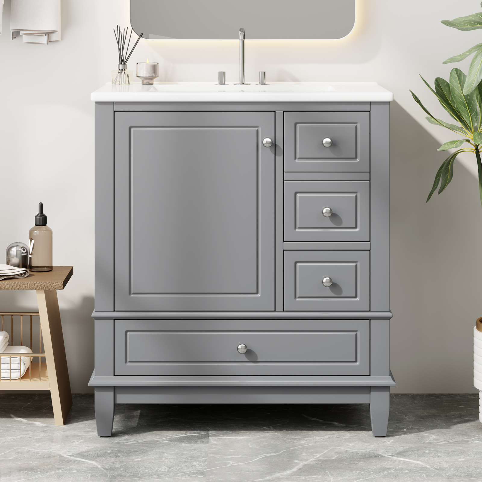 30″ Bathroom Vanity with Ceramic Sink Freestanding Solid Wood Storage Cabinet