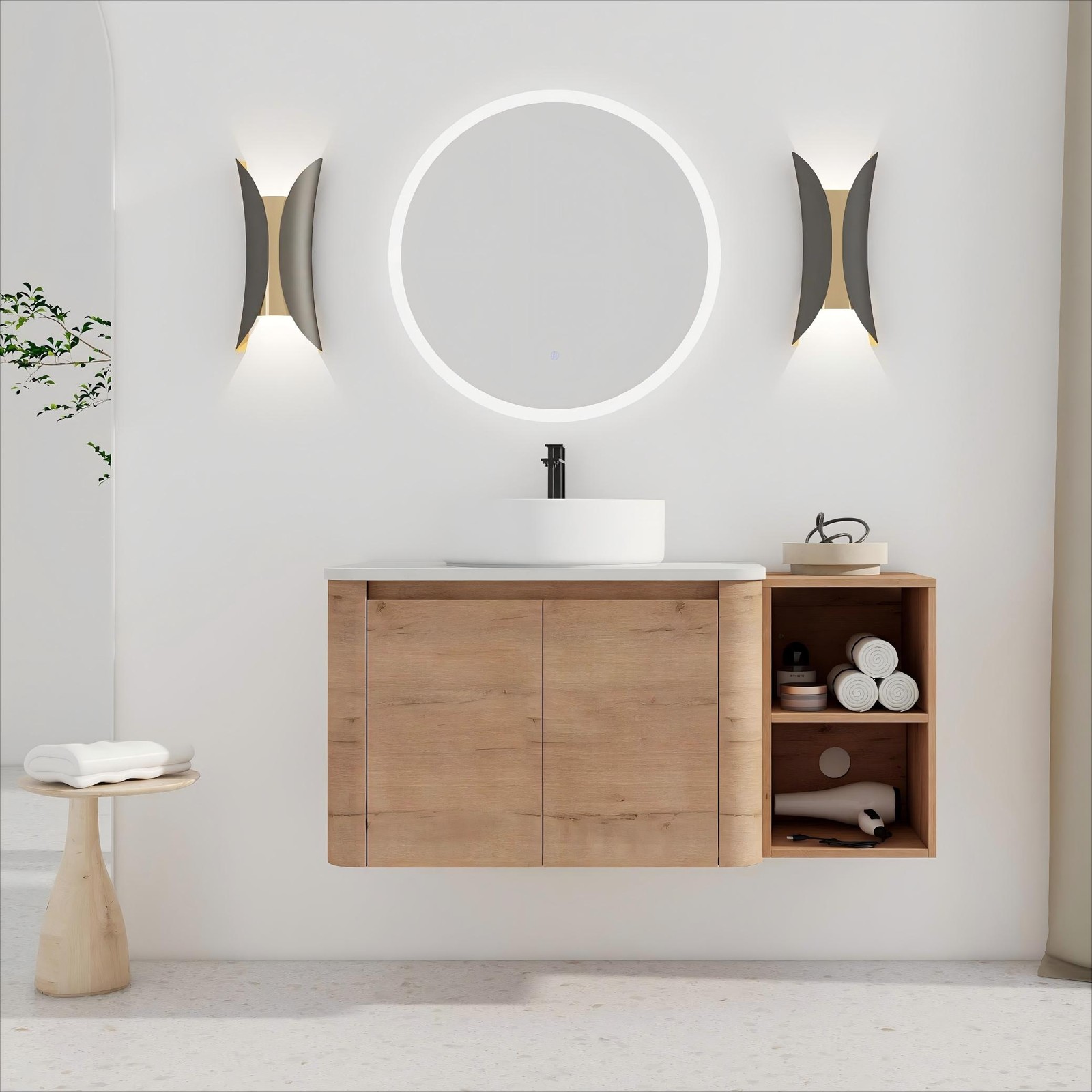 42” Wall-Mounted Bathroom Vanity Counter Top White Vessel Sink Storage Shelves