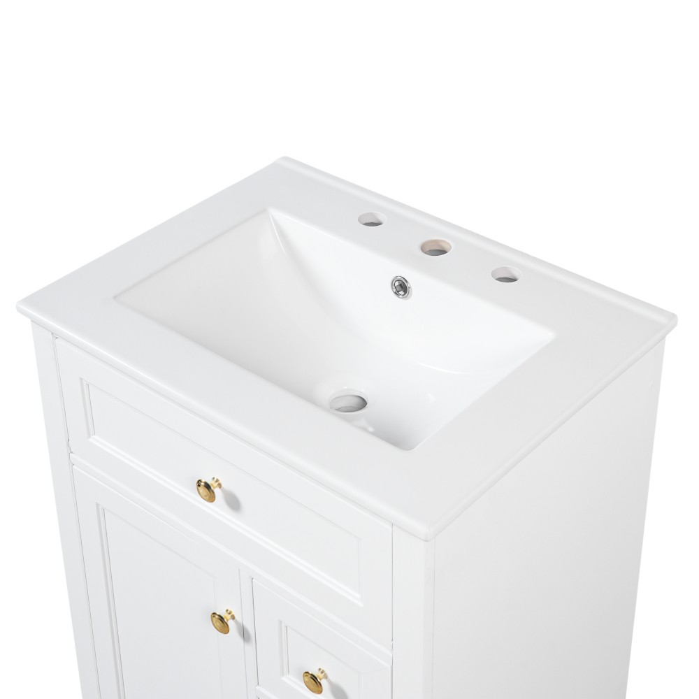 24 in White Bathroom Vanity with Sink MDF & Pinewood Construction 3 Drawers