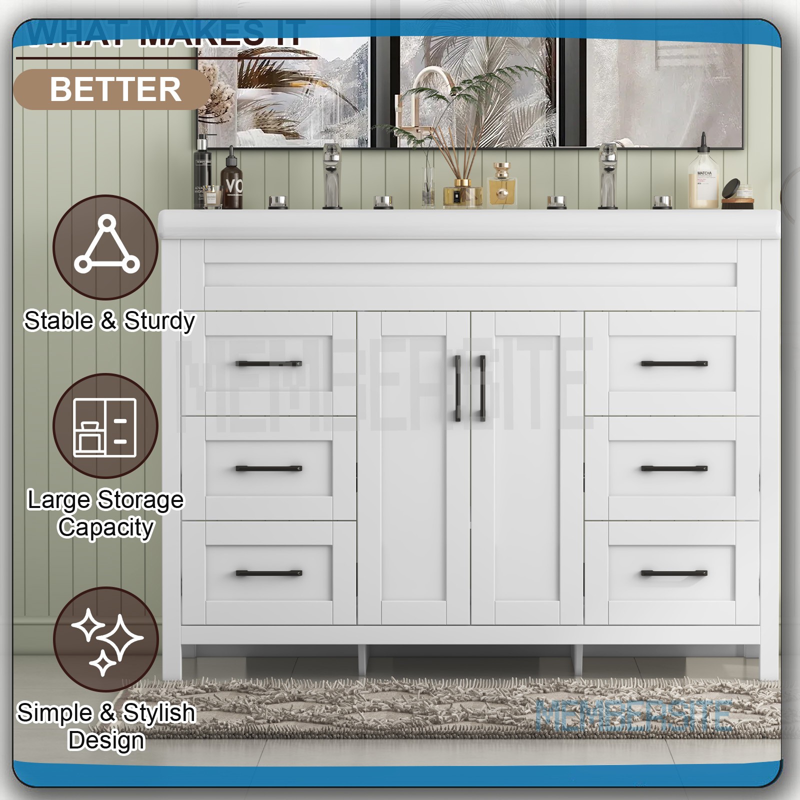 47.3″ Bathroom Vanity w/Double Ceramic Sinks Storage Cabinet Vanity Freestanding