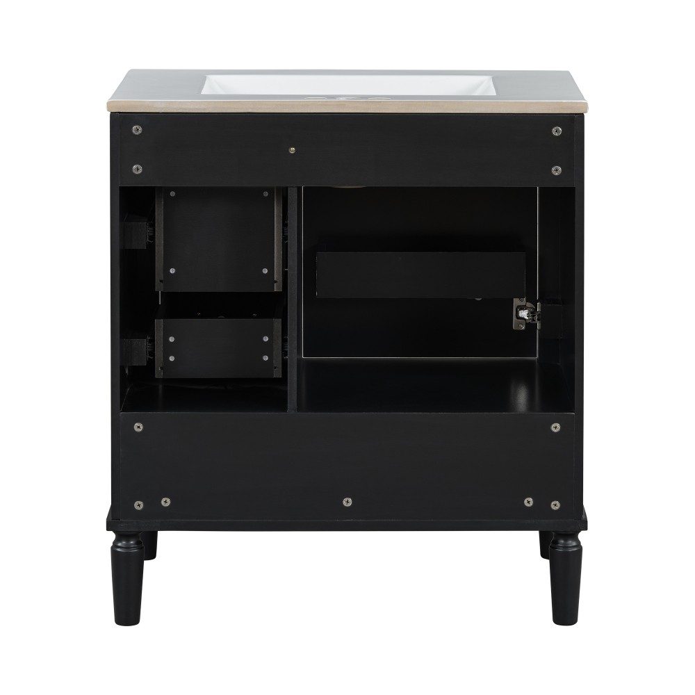 30 in Bathroom Vanity Ceramic Sink Soft Close Door 3 Drawer Gold Handle Storage