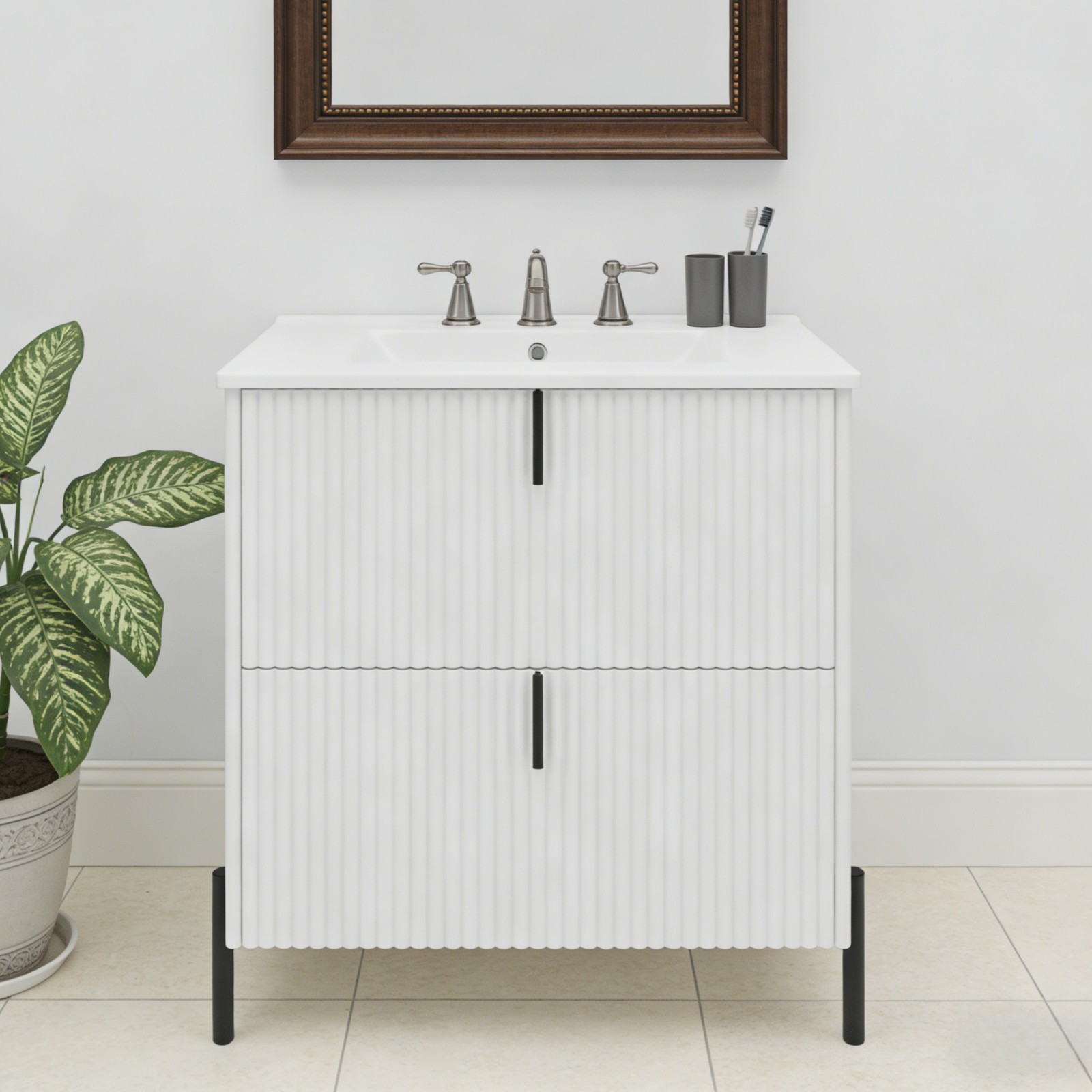 30″ White Bathroom Vanity with Ceramic Sink & Soft Close Drawers
