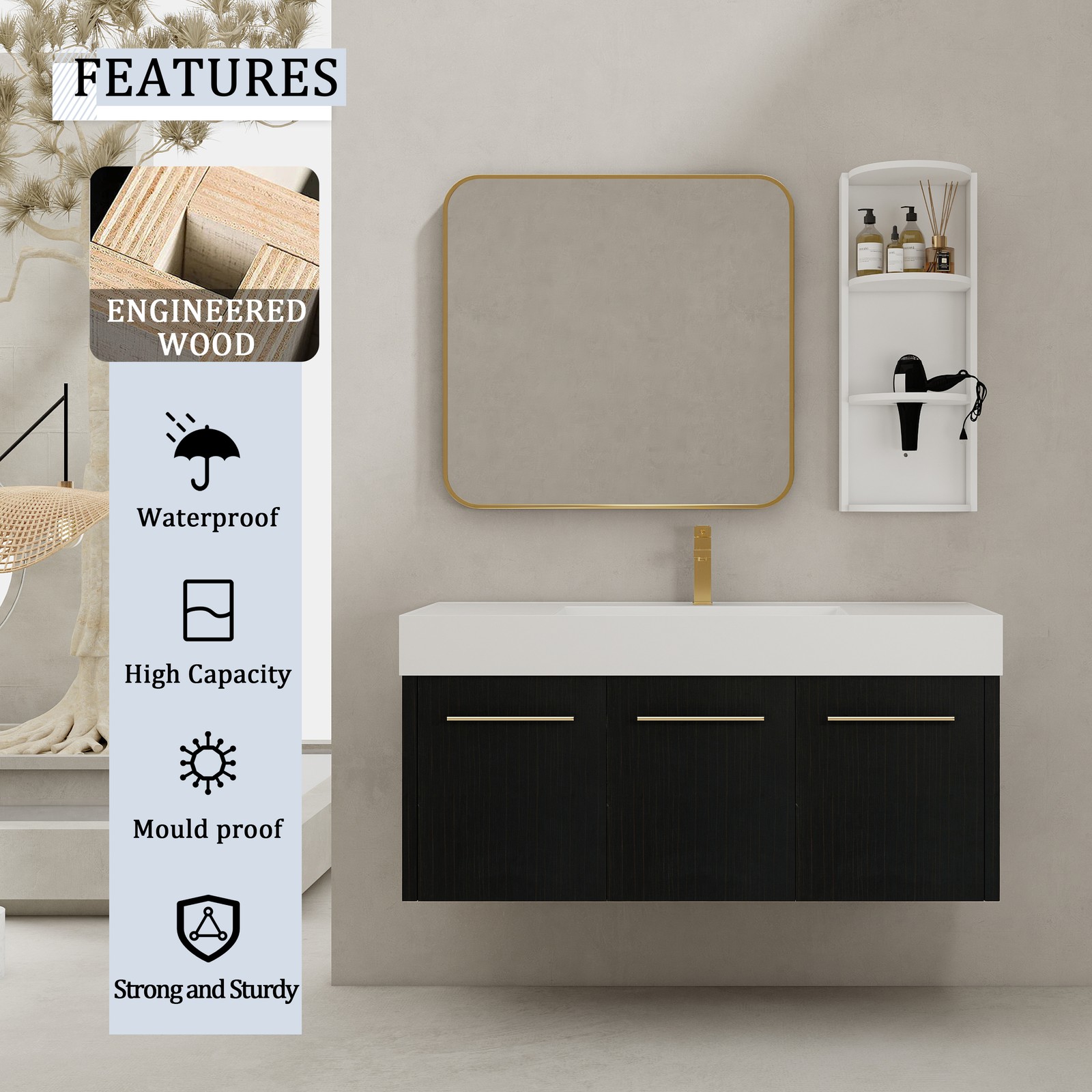 48 Inch Plywood Wall-Mounted Bathroom Vanity with Resin Sink + Side Storage Rack