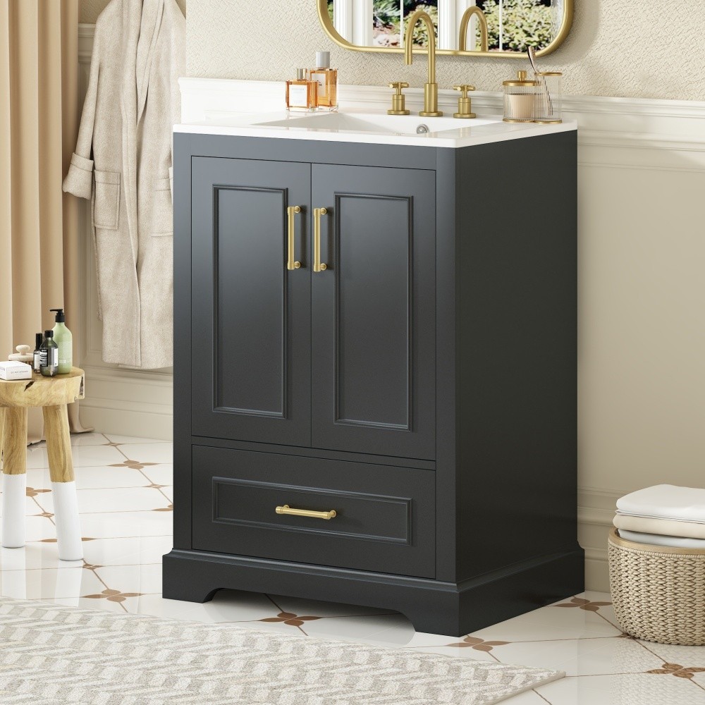 24″Bathroom Vanity with Sink MDF Cabinet with Solid Wood Frame, 1 Divided Drawer