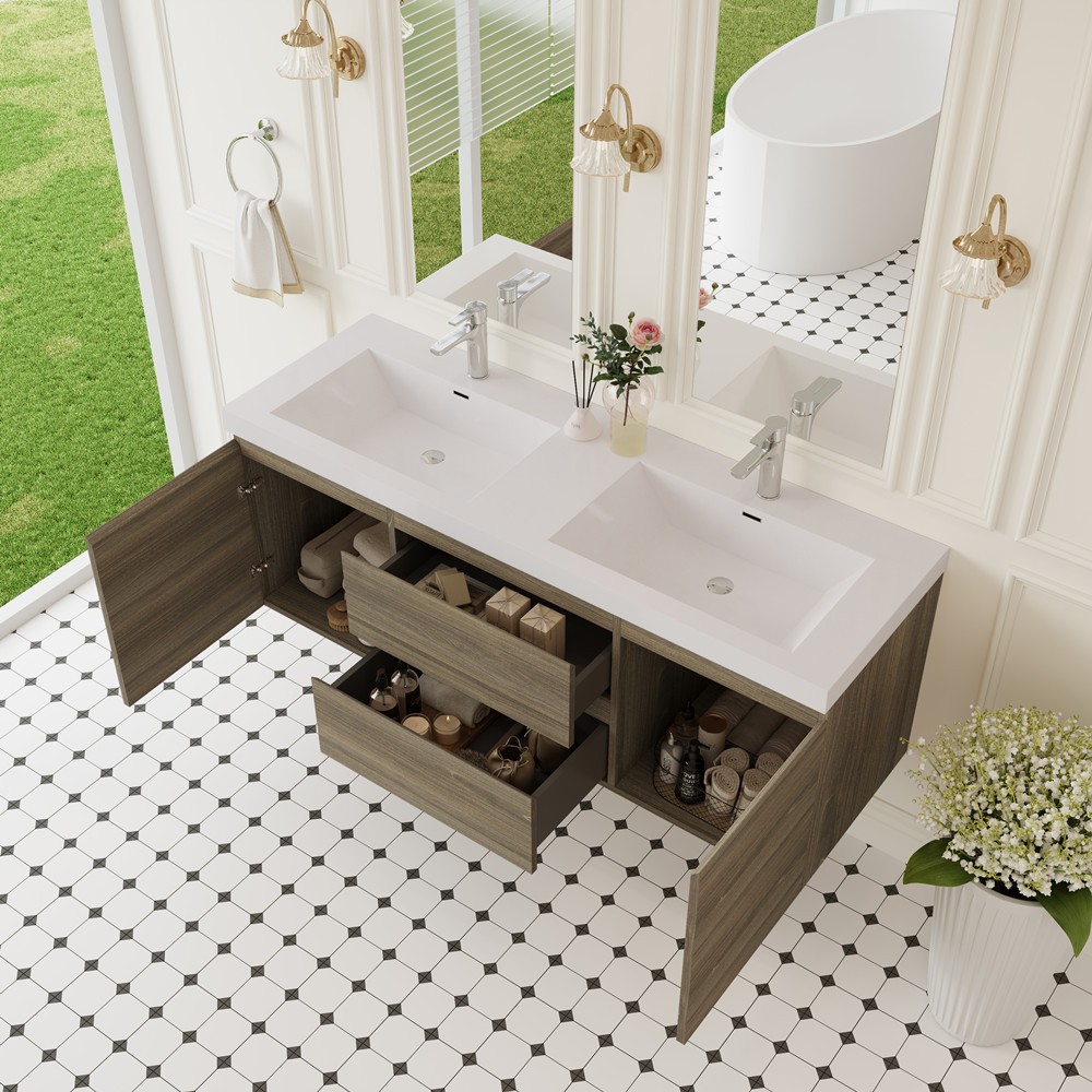 60″ Wall Mounted Bathroom Vanity w/Double Sink, Floating Vanity Cabinet,2 Drawer