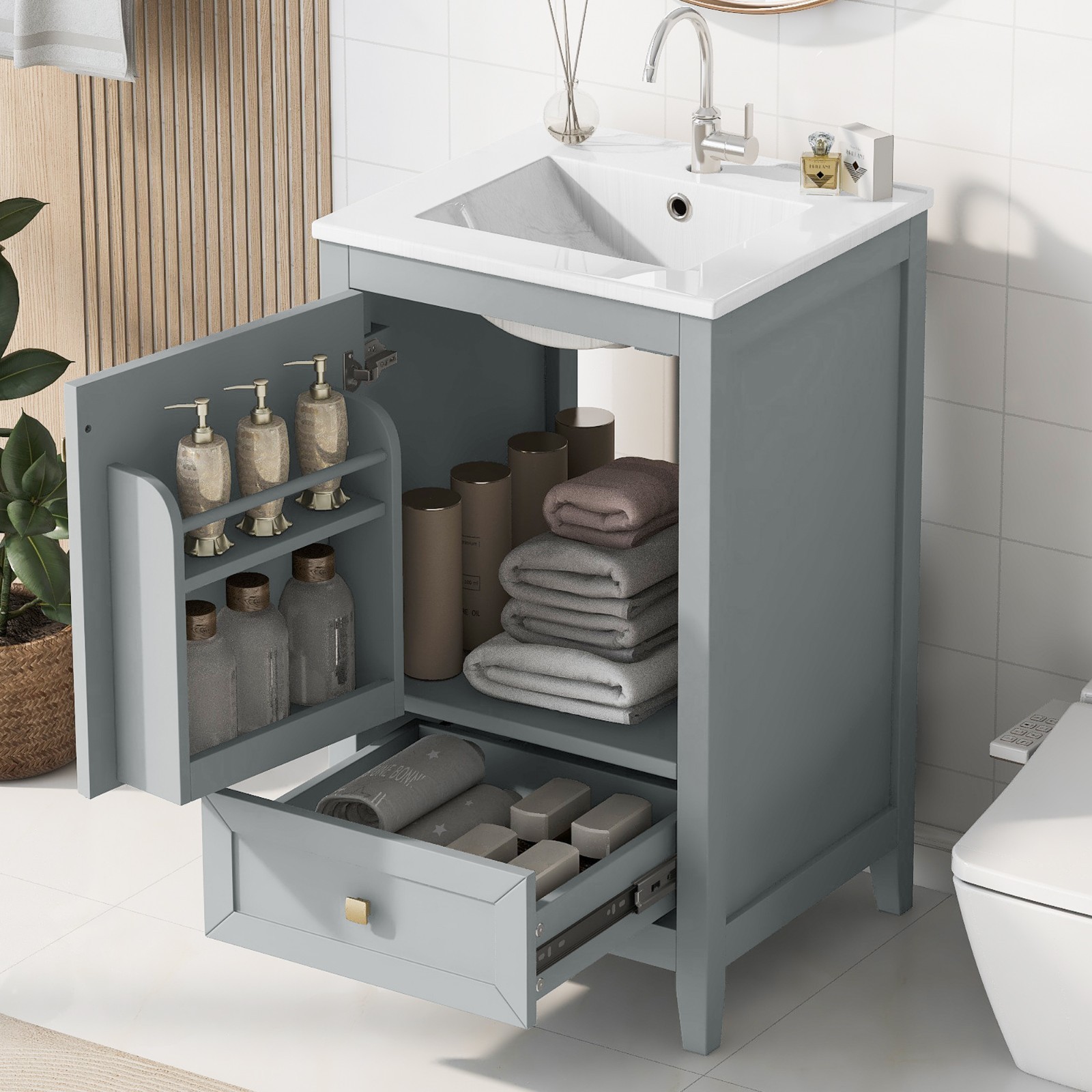 20″ Bathroom Vanity With Sink Storage Cabinet With Drawer Soft Closing Door