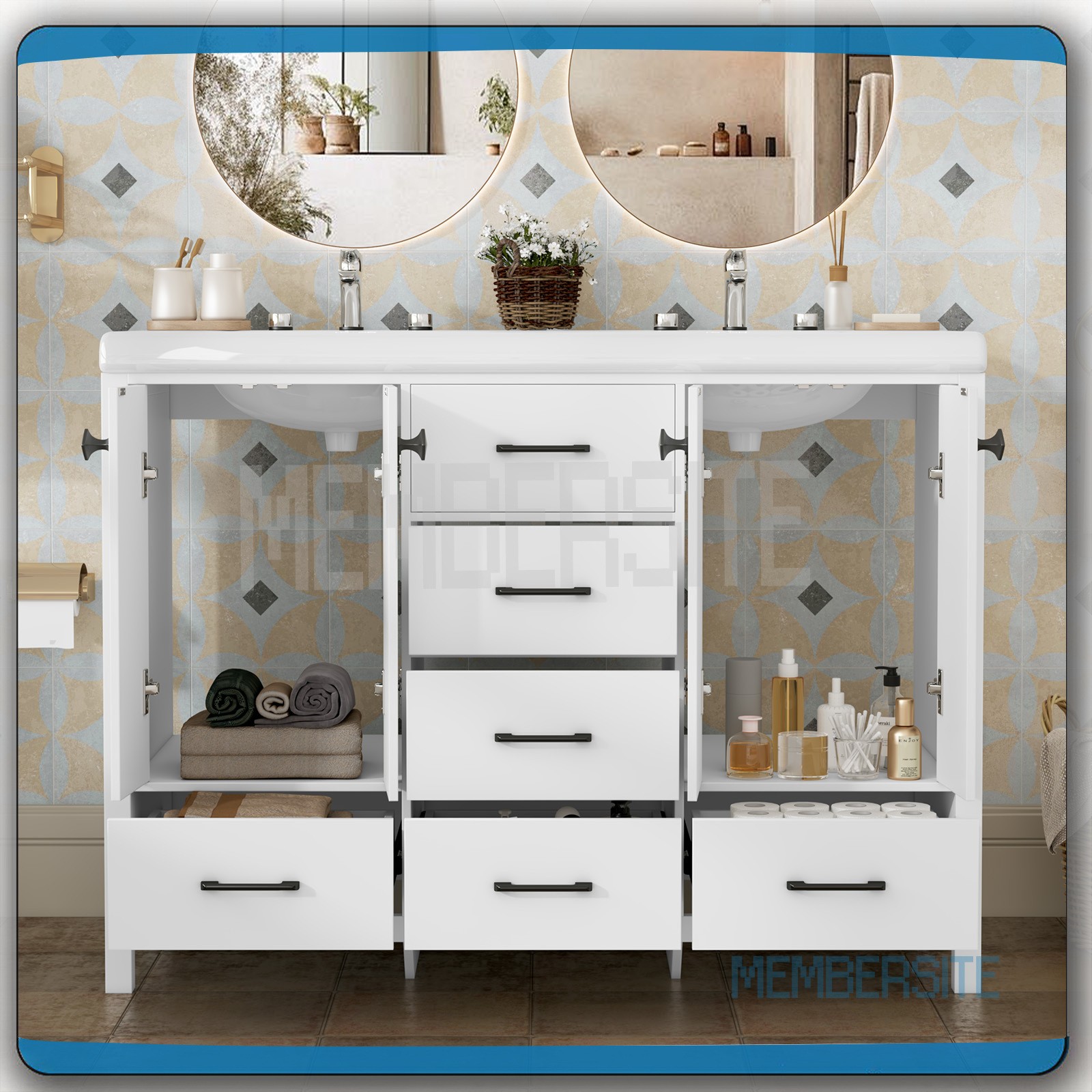 Bathroom Vanity 47.3″ Double Sink Ceramic Freestanding Cabinet Wood Grain White