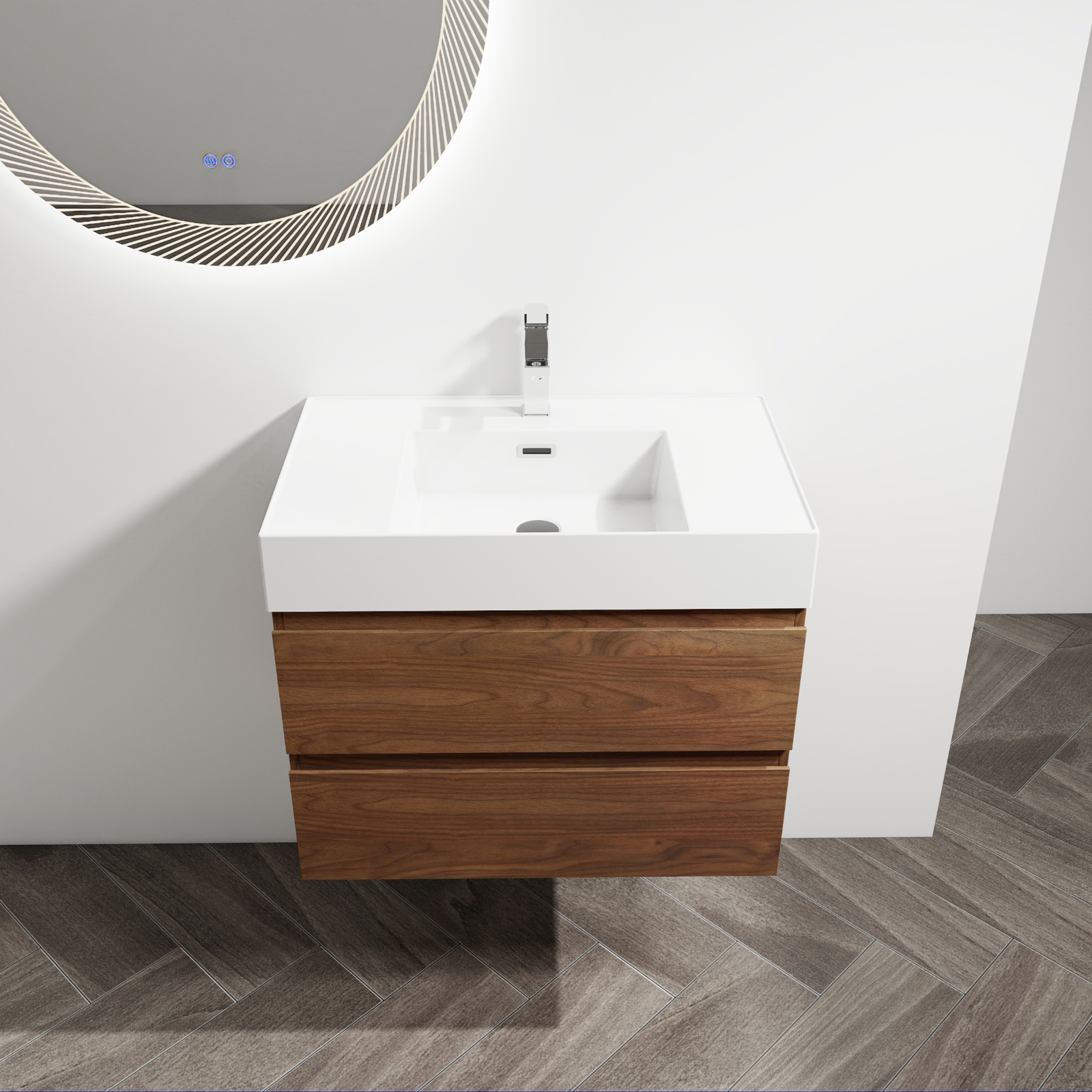 30″ Wall-Mounted Bathroom Vanity Cabinet W/Resin Sink 2-Soft Close Drawers Brown