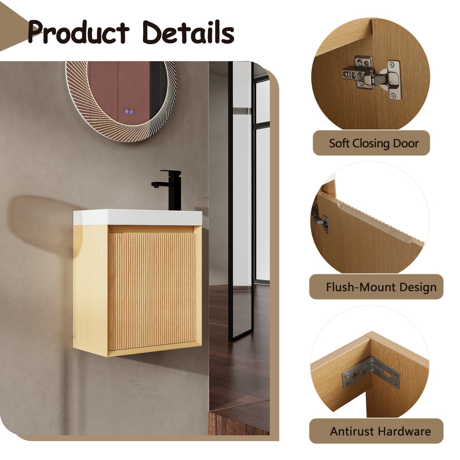 18.5″ Floating Bathroom Vanity and Resin Sink Combo W/1 Door for Small Space MDF