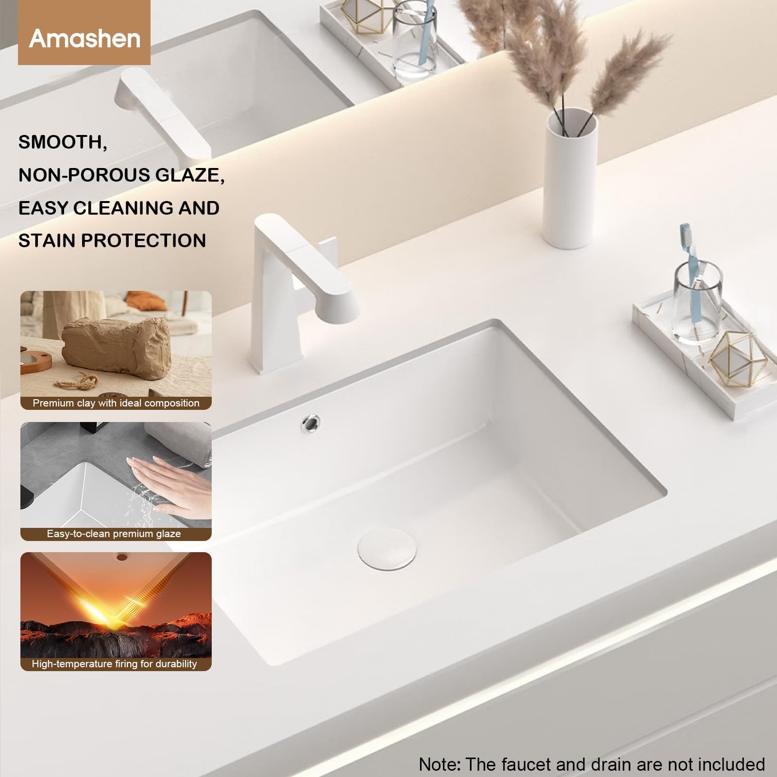 17-Inch Undermount Bathroom Sink, White Ceramic Rectangular Vanity Sink with Ove