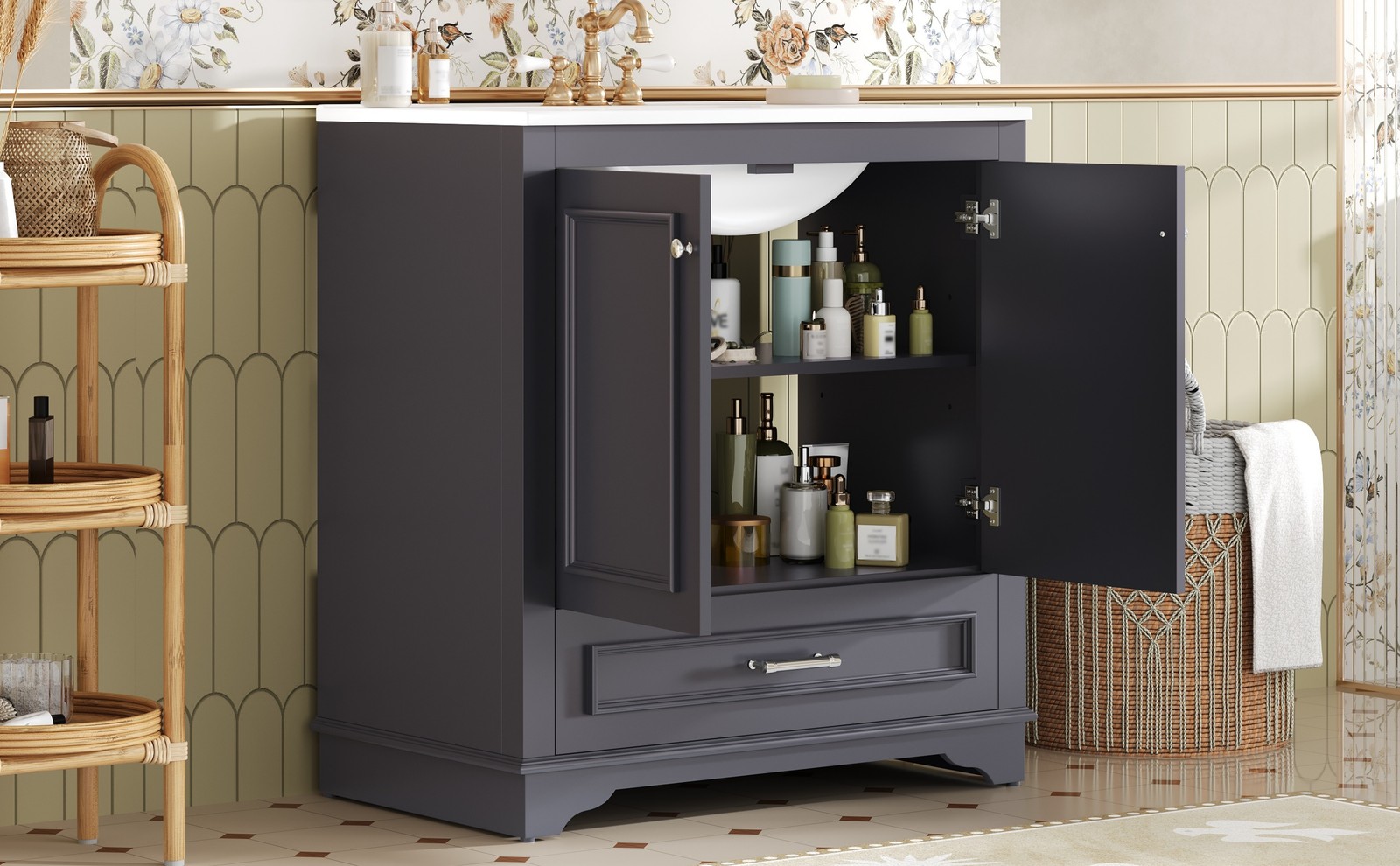 30.5″ Bathroom Vanity with Ceramic Sink, 2 Soft Close Doors, Solid Wood Frame