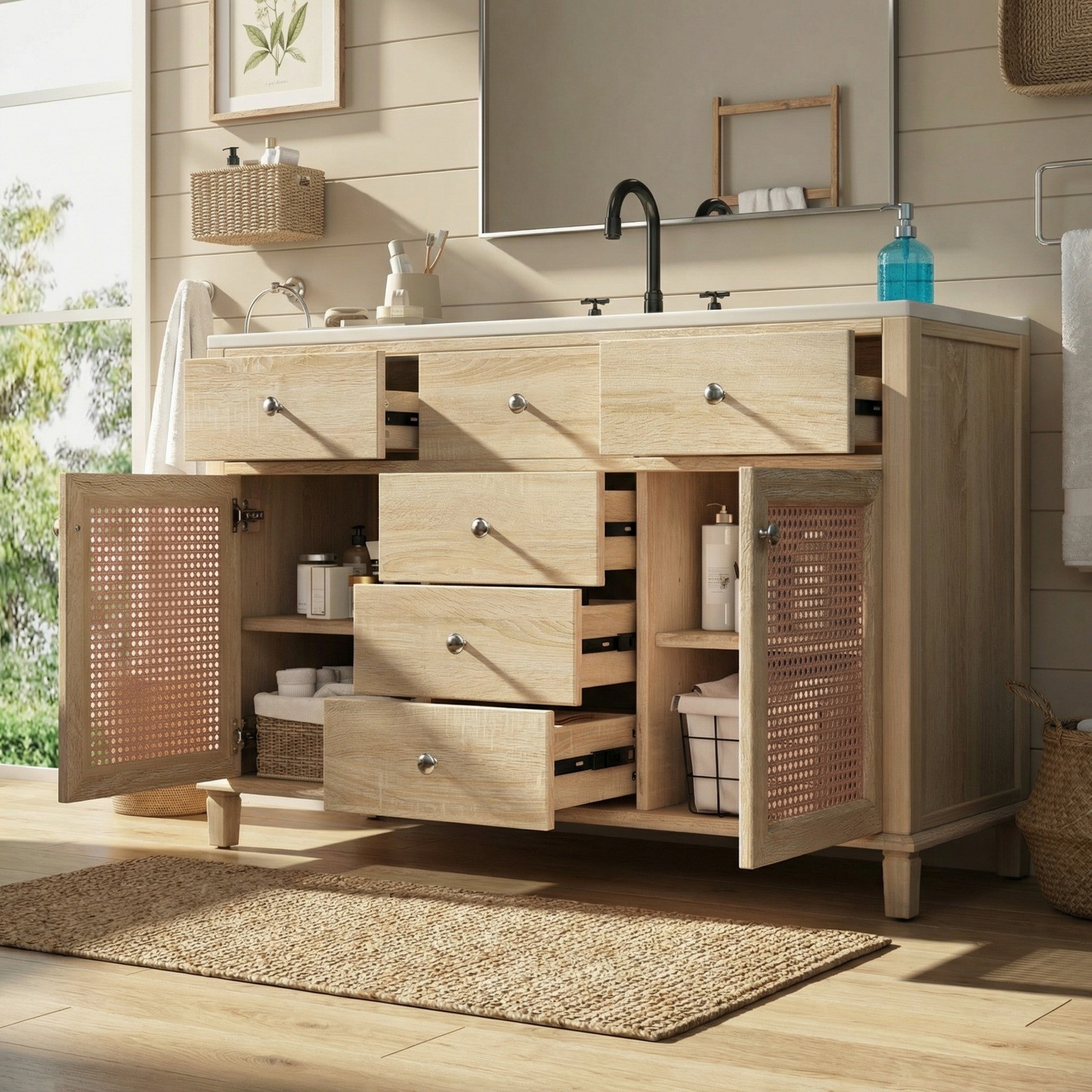 Natural Rattan Bathroom Vanity 48″/2 Cabinets/Sink & Solid Wood Frame Fre Ship