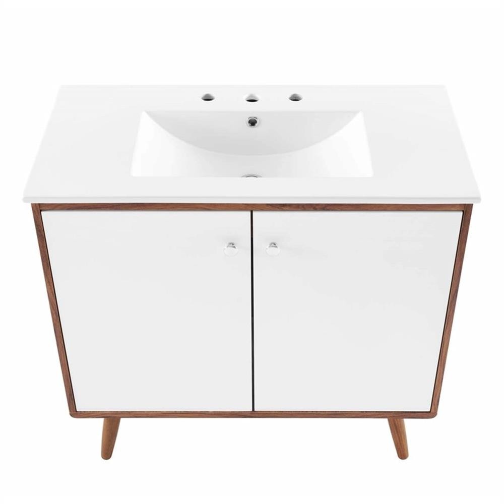 Pemberly Row 36″ Modern Wood and Ceramic Bathroom Vanity in Walnut/White