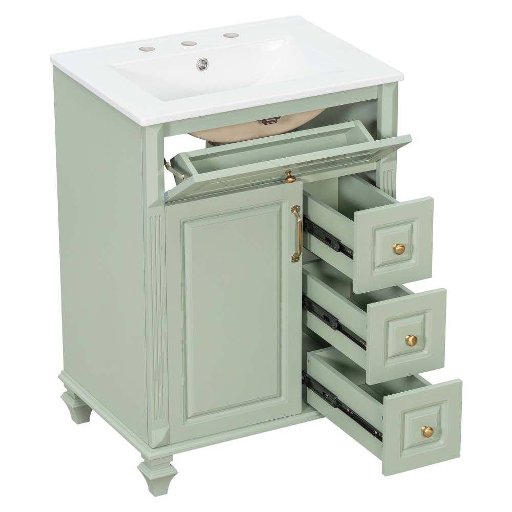24″ Freestanding Vanity with Ceramic Sink & 3 Drawers, Solid Wood & MDF, Green