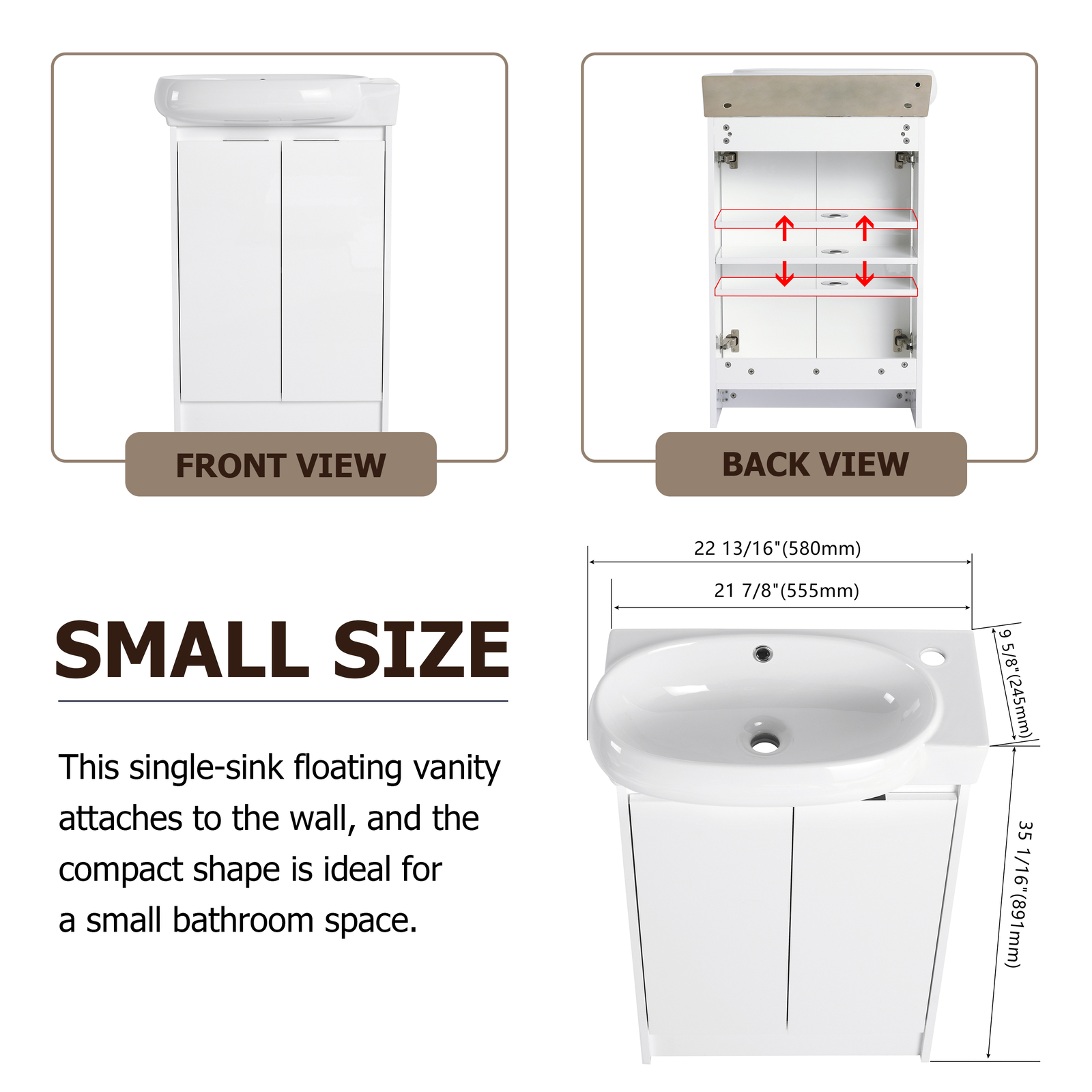 23 In Wood Bathroom Vanity Cabinet Ceramic Sink Combo Countertop For Small Space