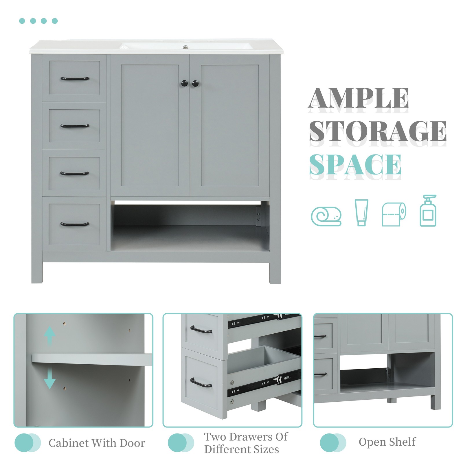 36″ Bathroom Vanity with Sink Top, Cabinet, Two Doors, Two Drawers, Grey