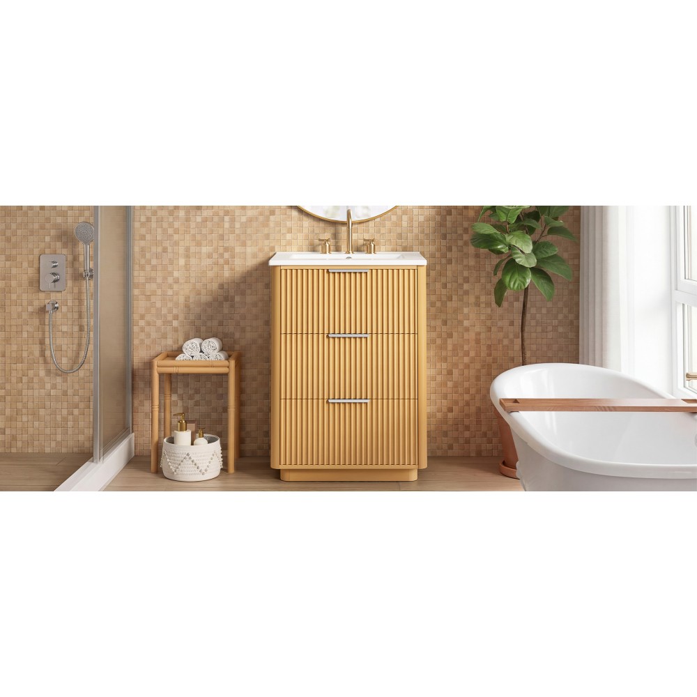 24 inch Modern Luxury Bathroom Vanity with Ceramic Sink, Open Shelf and Storage