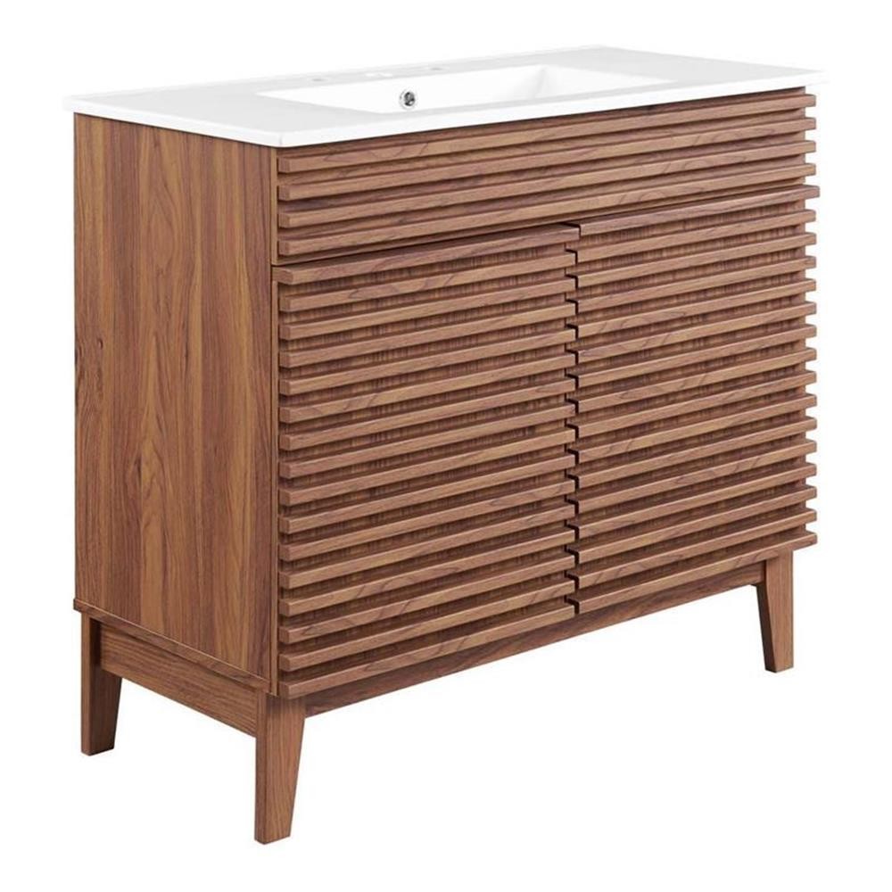 Pemberly Row 36″ Modern Wood and Ceramic Bathroom Vanity in Walnut/White