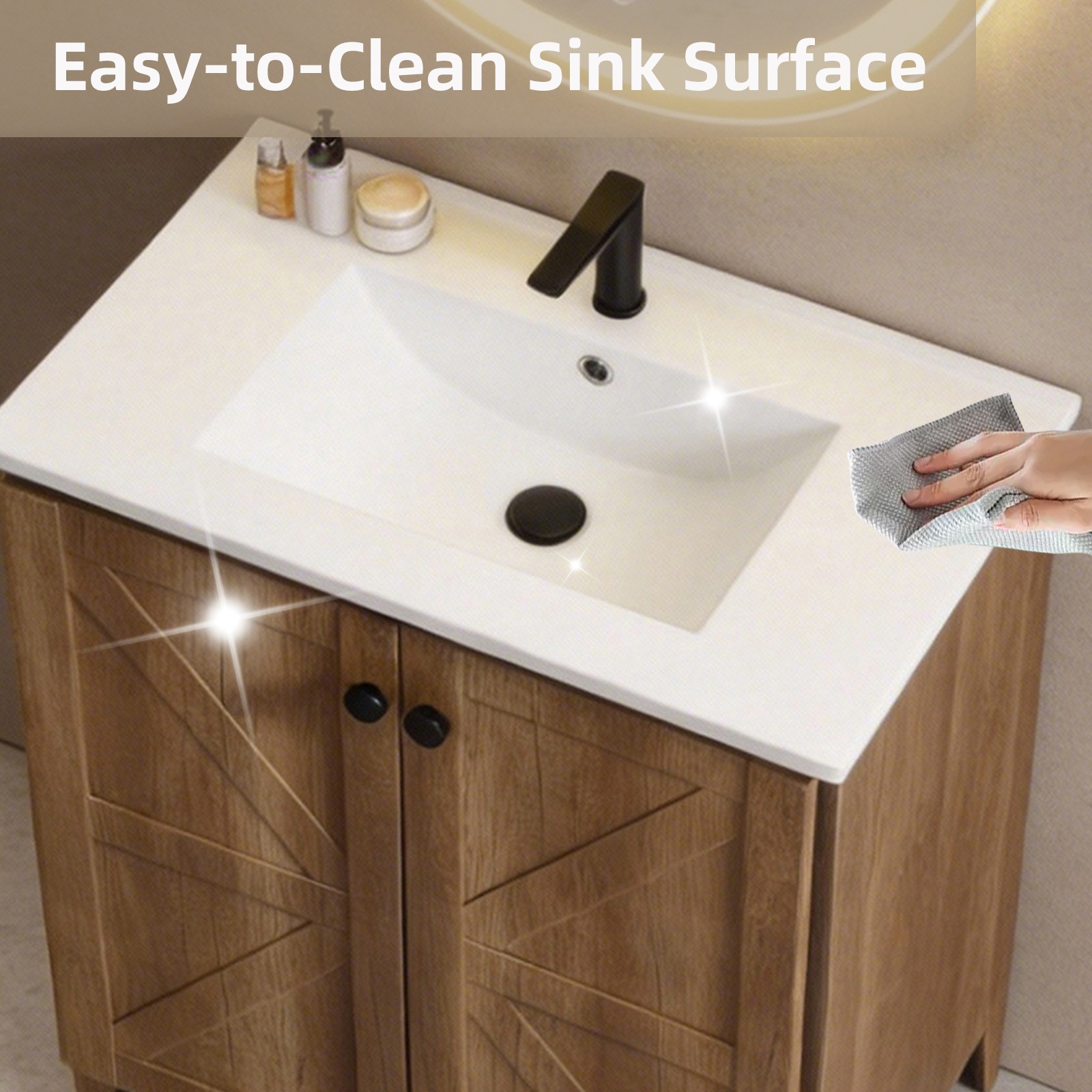 30″ Golden Oak Folding Floor Cabinet With Ceramic Sink Modern Storage Cabinet