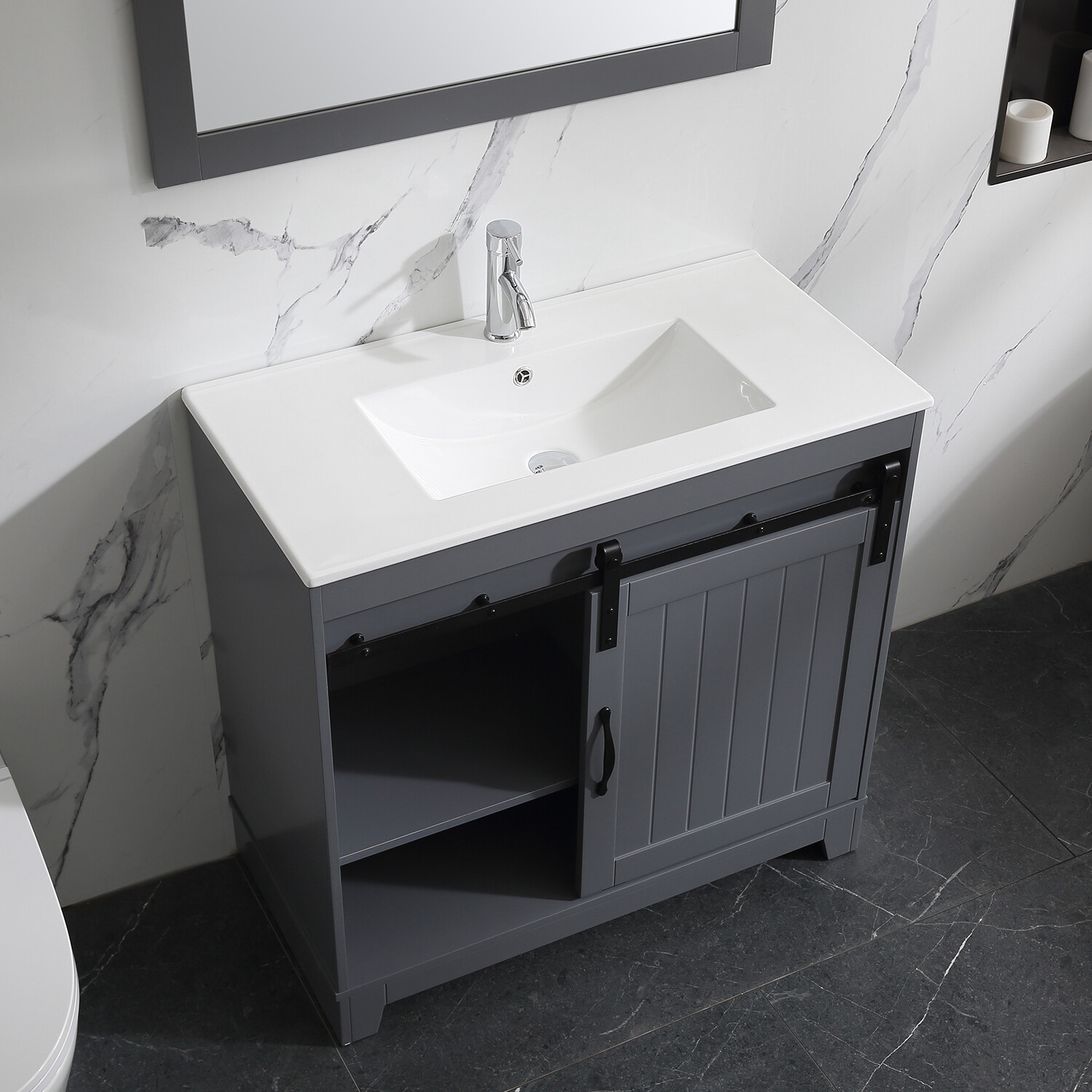 36″ Sliding Door Bathroom Vanity w/ Undermount Sink Faucet Mirror Gray Modern
