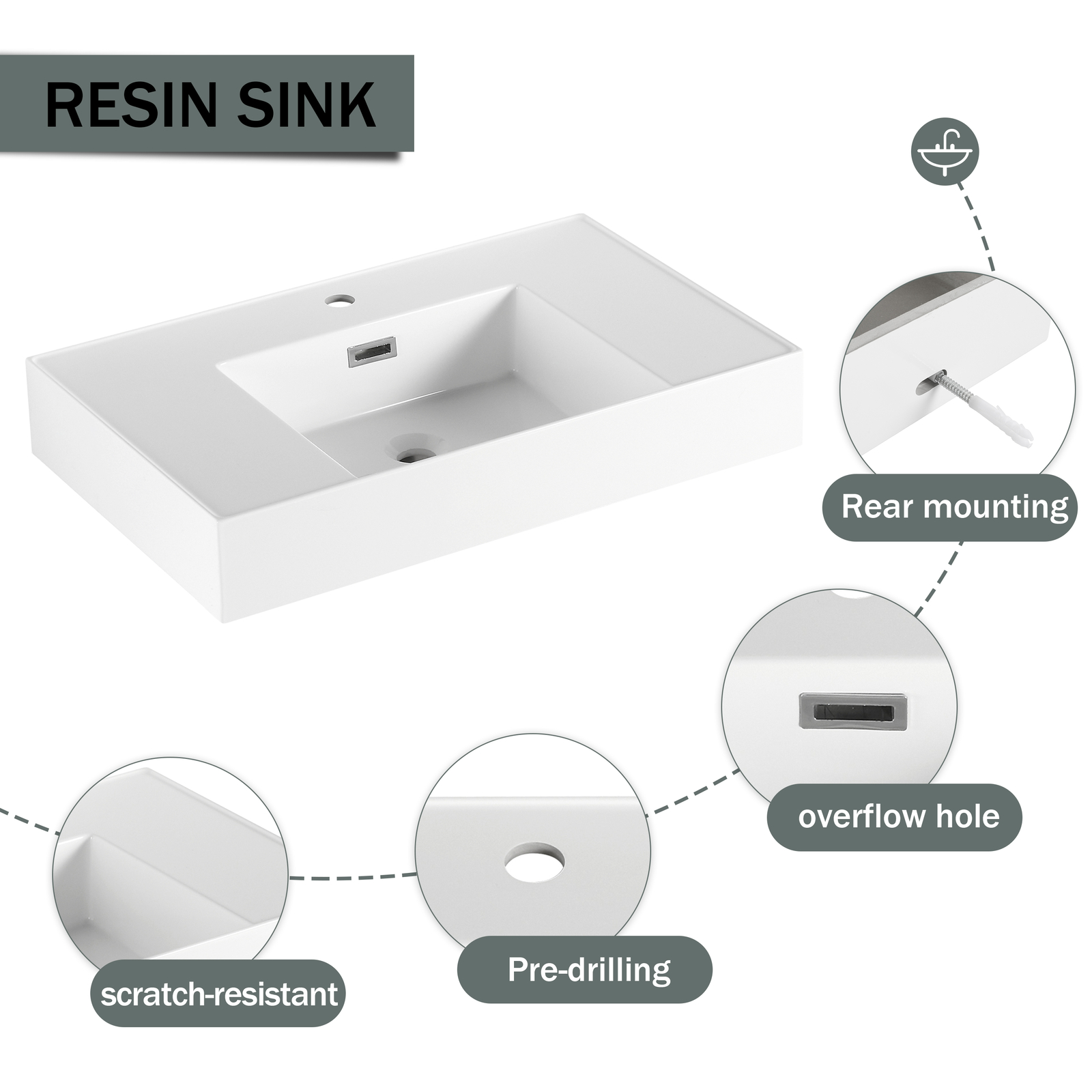 60in Floating Wall-Mounted Bathroom Vanity W/ Resin Sink+Side Cabinet +3 Drawers