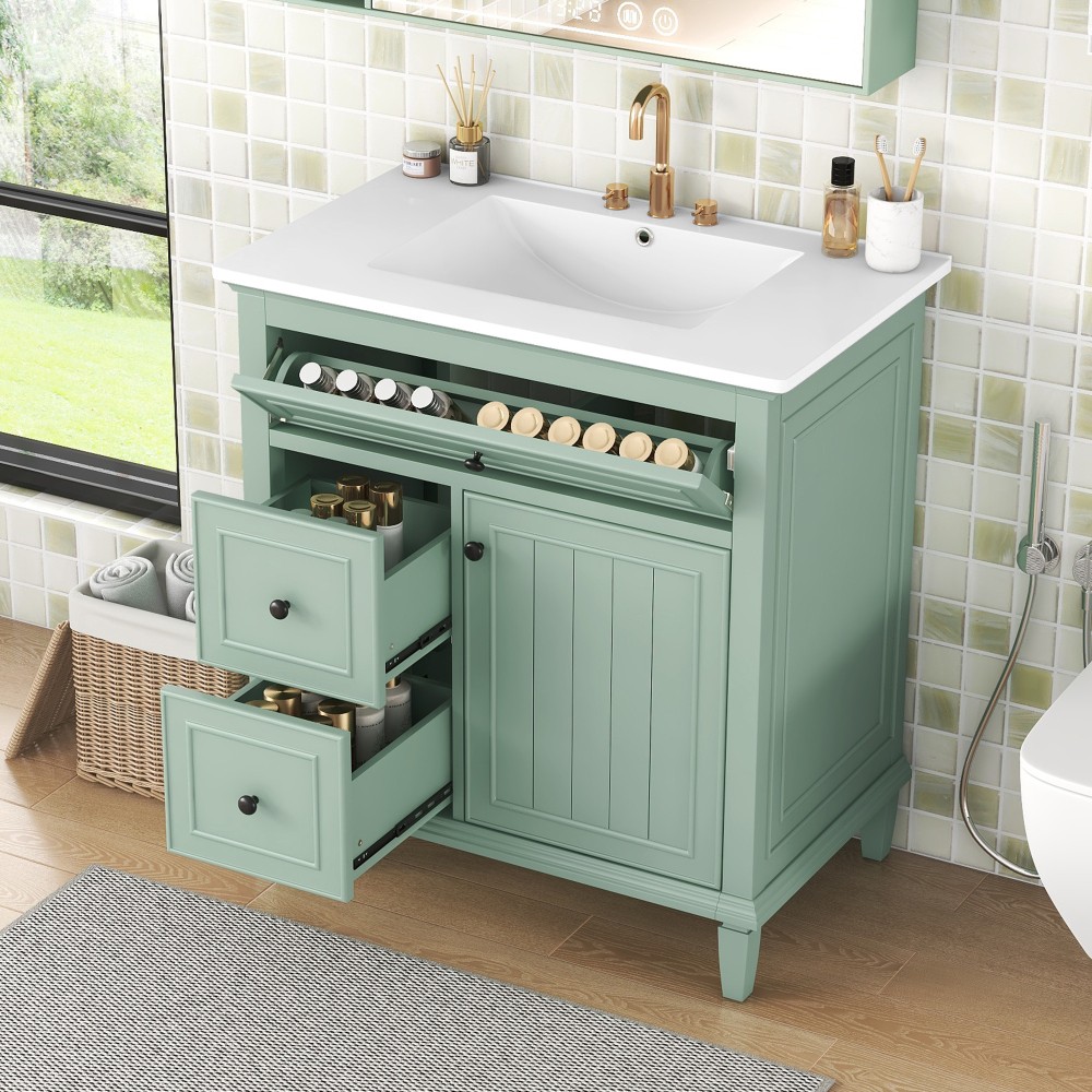 30″ Green Bathroom Vanity with Ceramic Sink Solid Wood MDF Cabinet